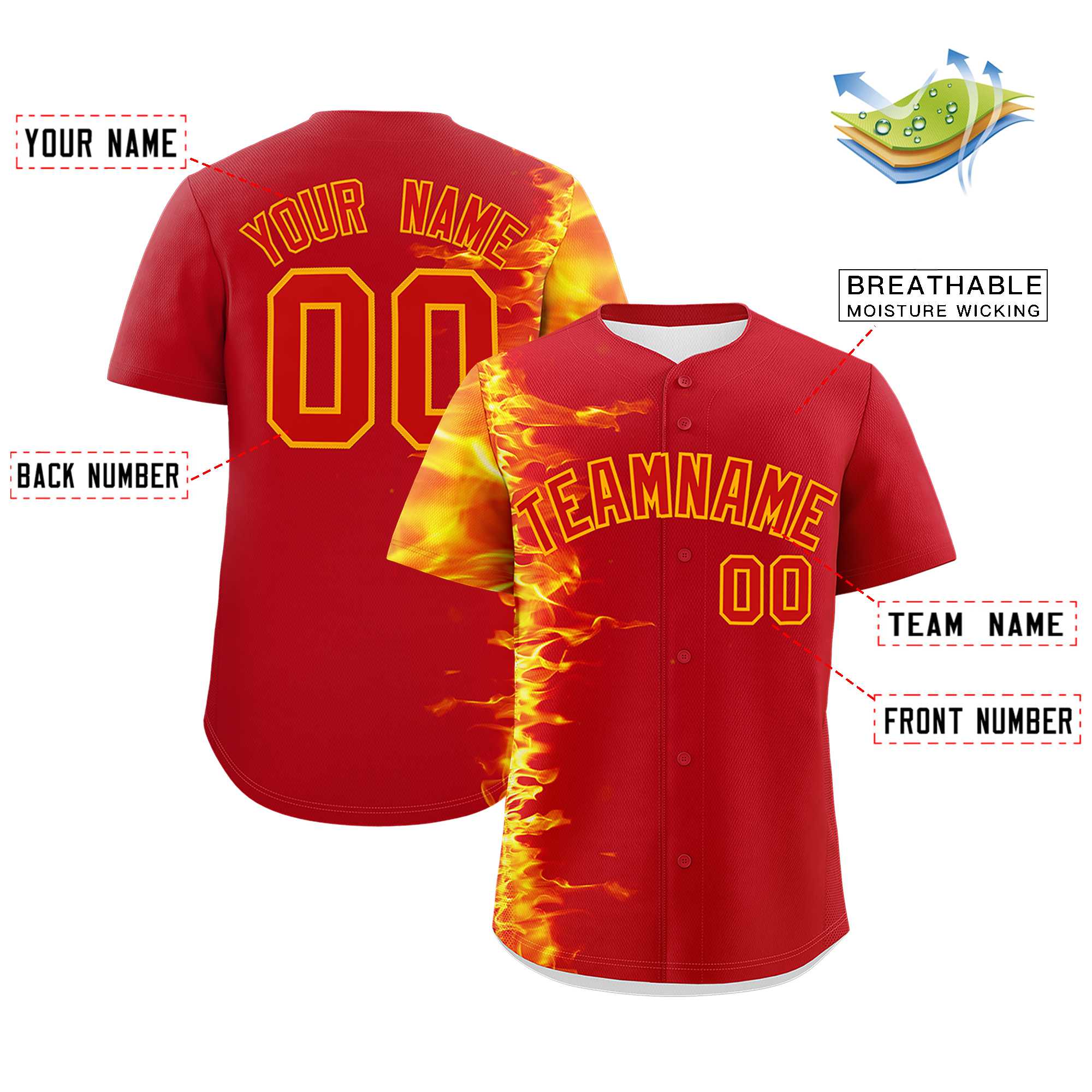 Custom Red Personalized 3D Flame Design Authentic Baseball Jersey