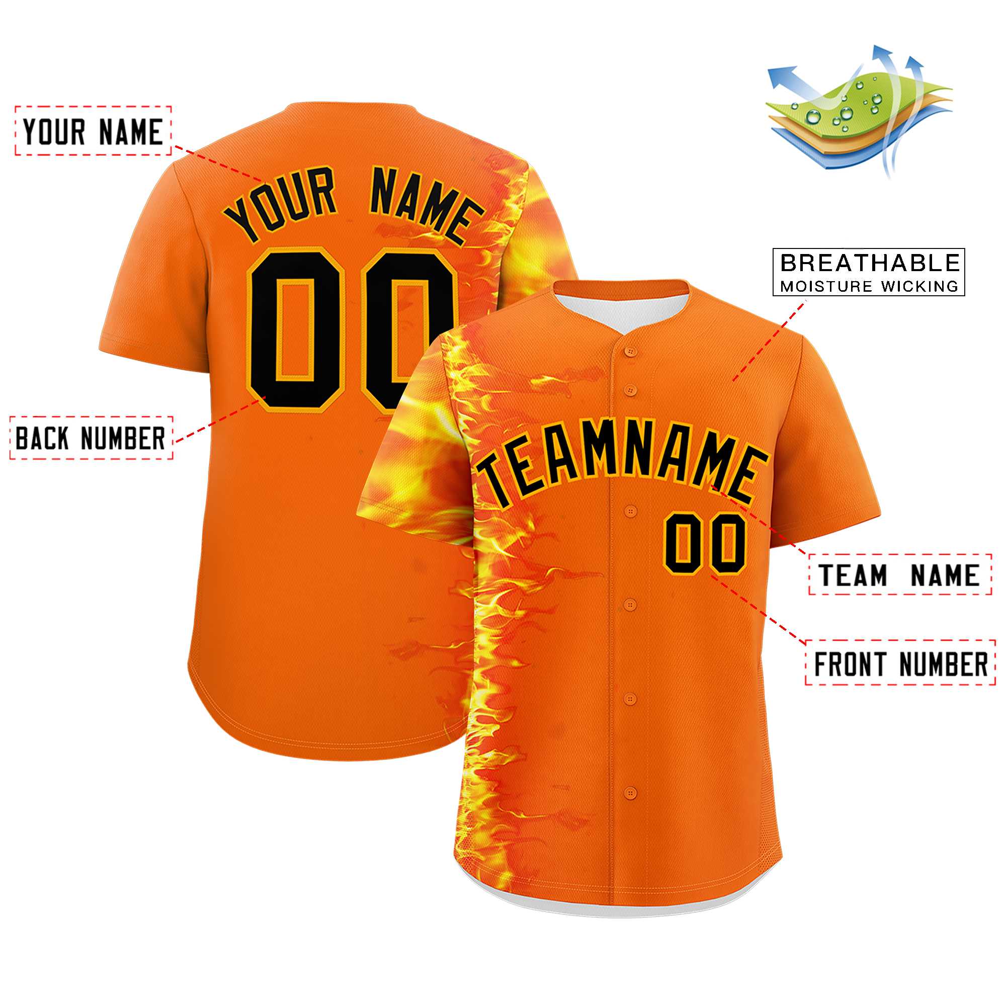 Custom Orange Personalized 3D Flame Design Authentic Baseball Jersey