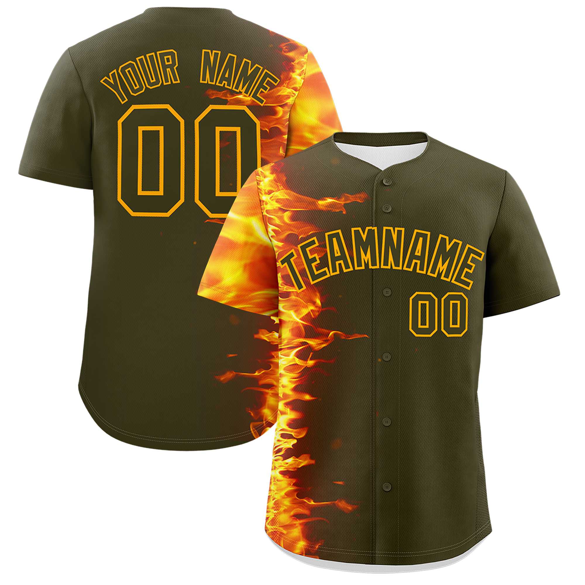 Custom Olive Personalized 3D Flame Design Authentic Baseball Jersey