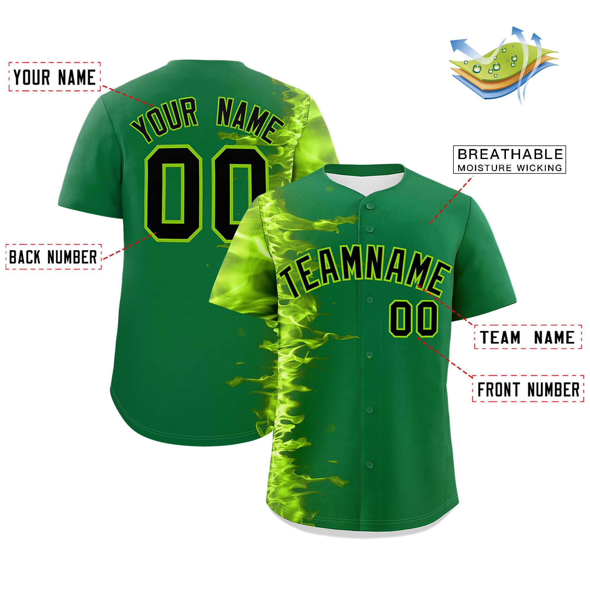 Custom Kelly Green Personalized 3D Flame Design Authentic Baseball Jersey