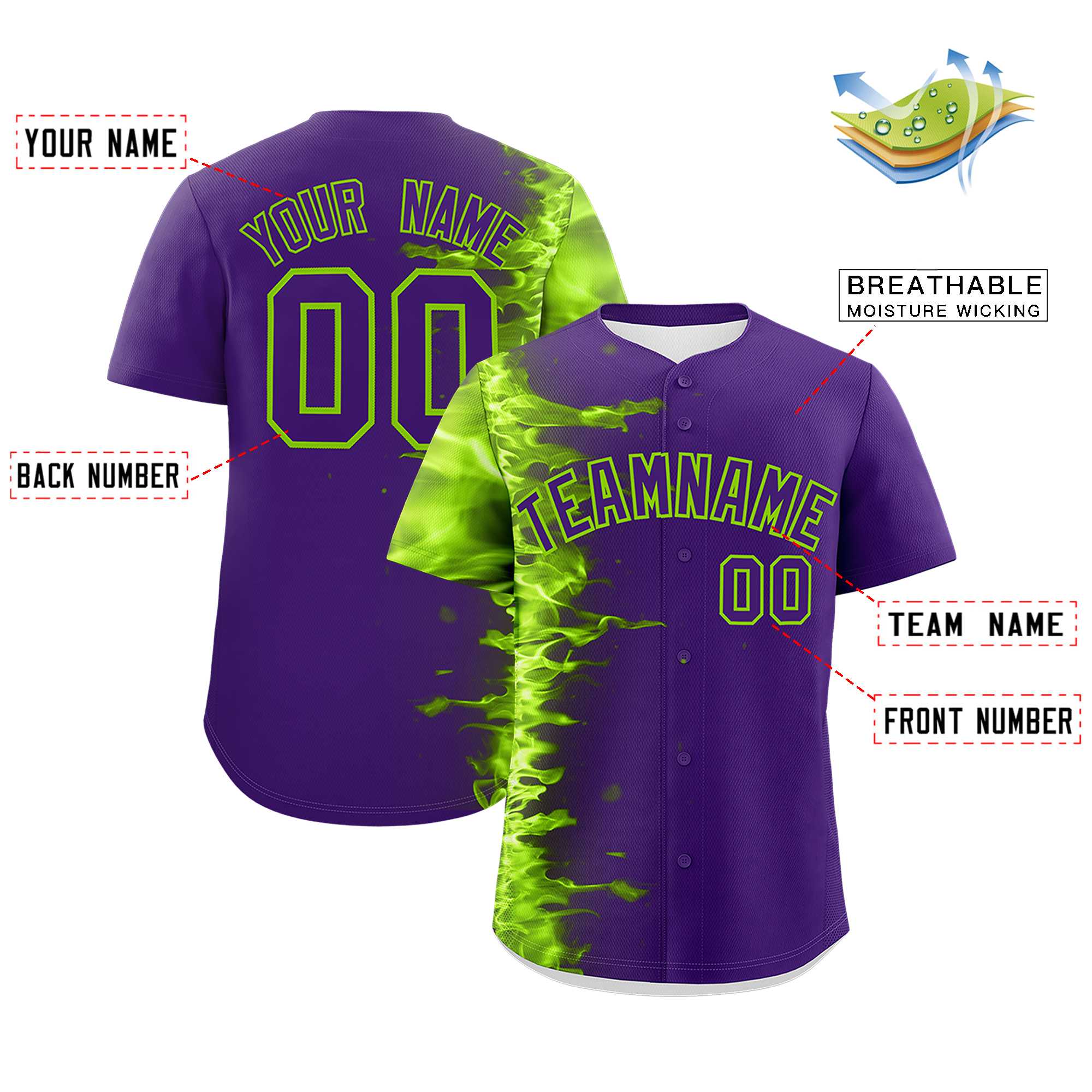 Custom Purple Personalized 3D Flame Design Authentic Baseball Jersey