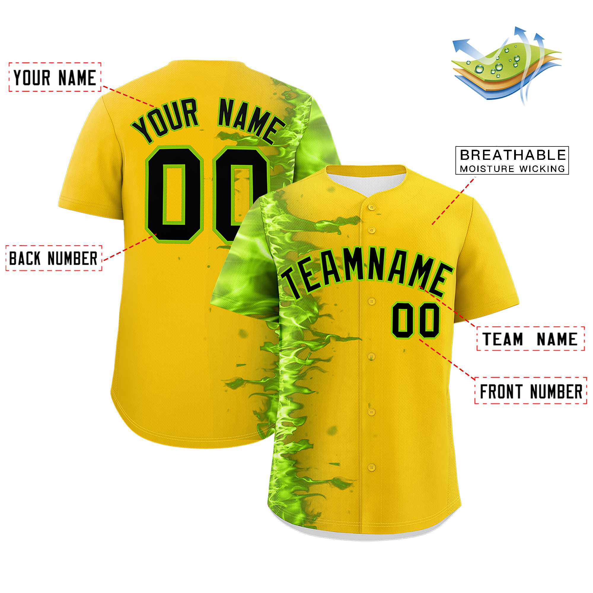 Custom Gold Personalized 3D Flame Design Authentic Baseball Jersey