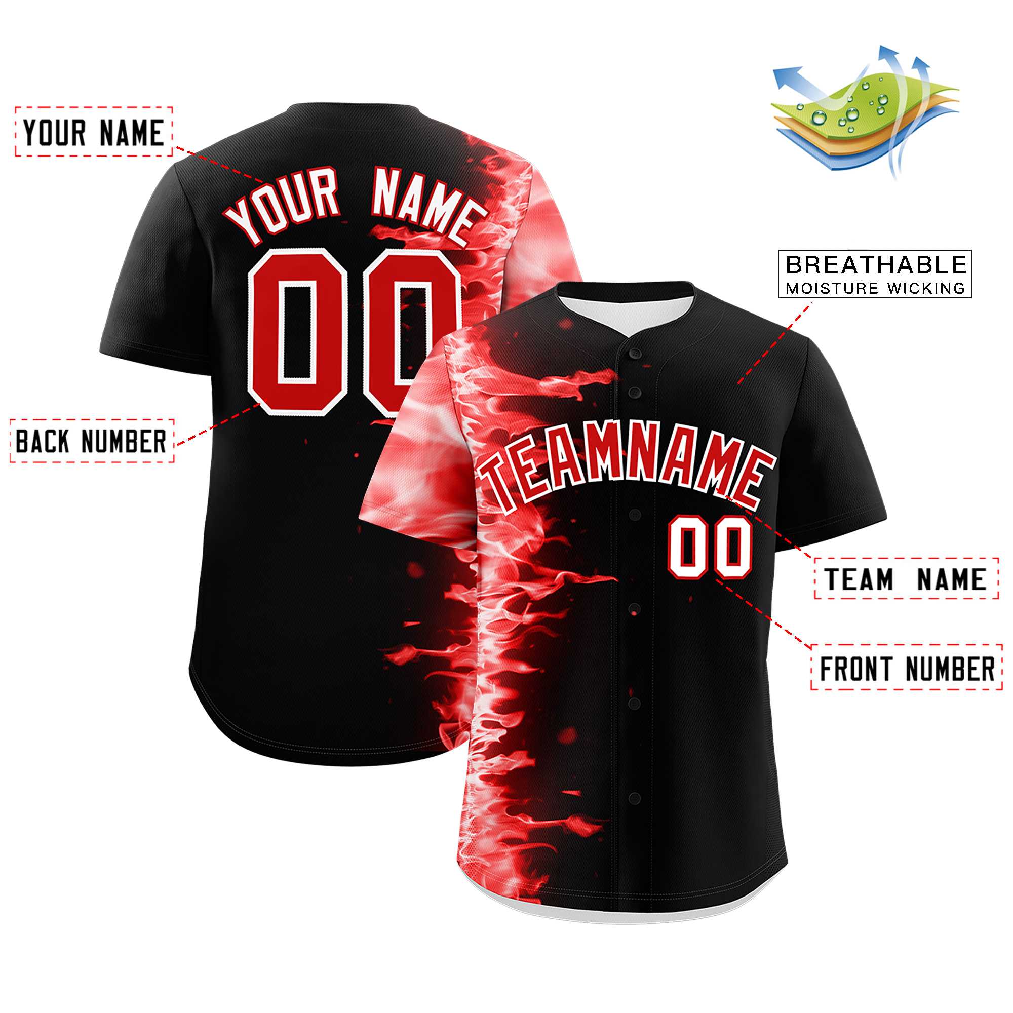 Custom Black Personalized 3D Flame Design Authentic Baseball Jersey