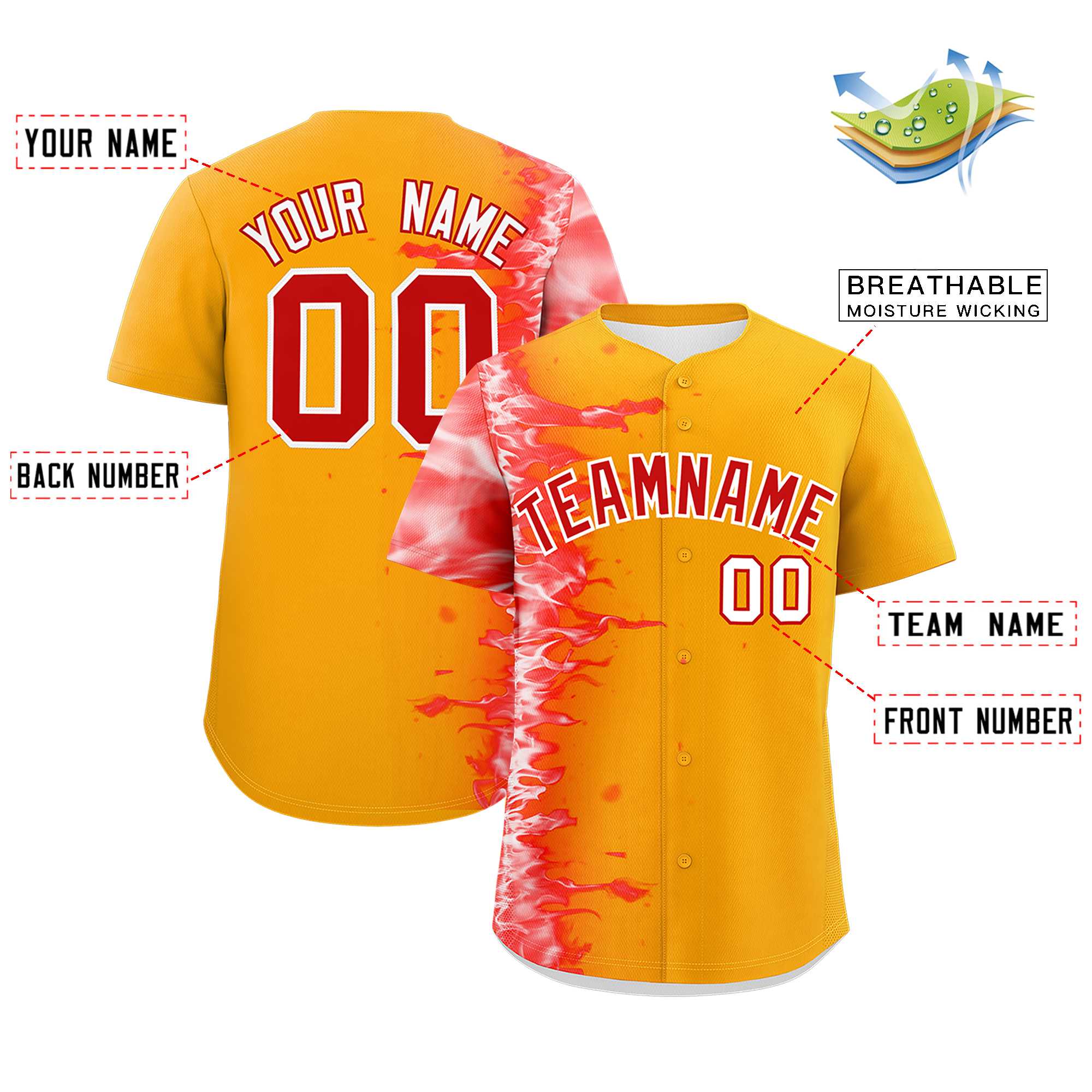 Custom Yellow Personalized 3D Flame Design Authentic Baseball Jersey