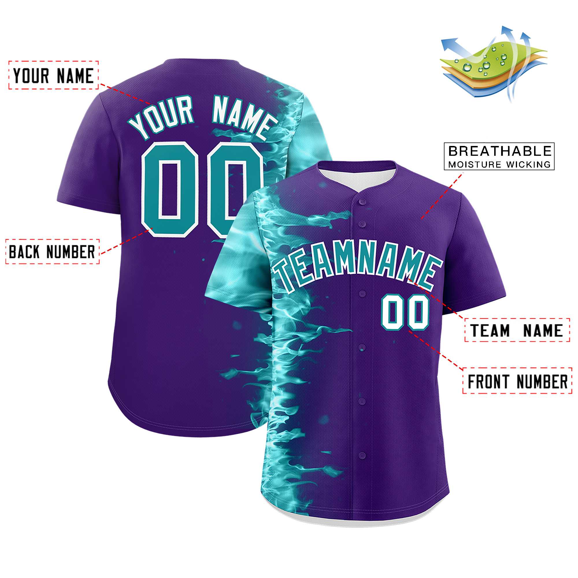 Custom Purple Personalized 3D Flame Design Authentic Baseball Jersey