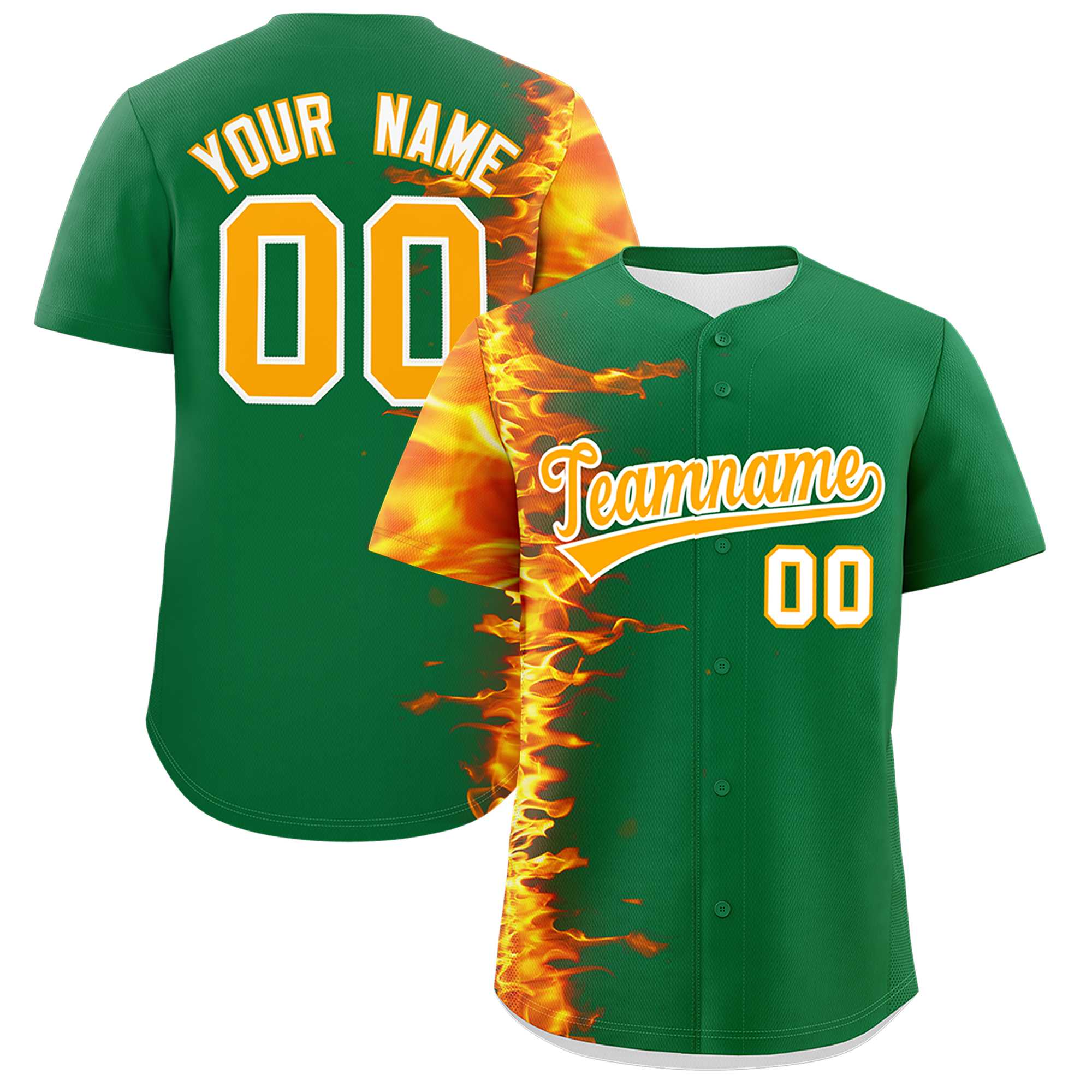 Custom Kelly Green Personalized 3D Flame Design Authentic Baseball Jersey