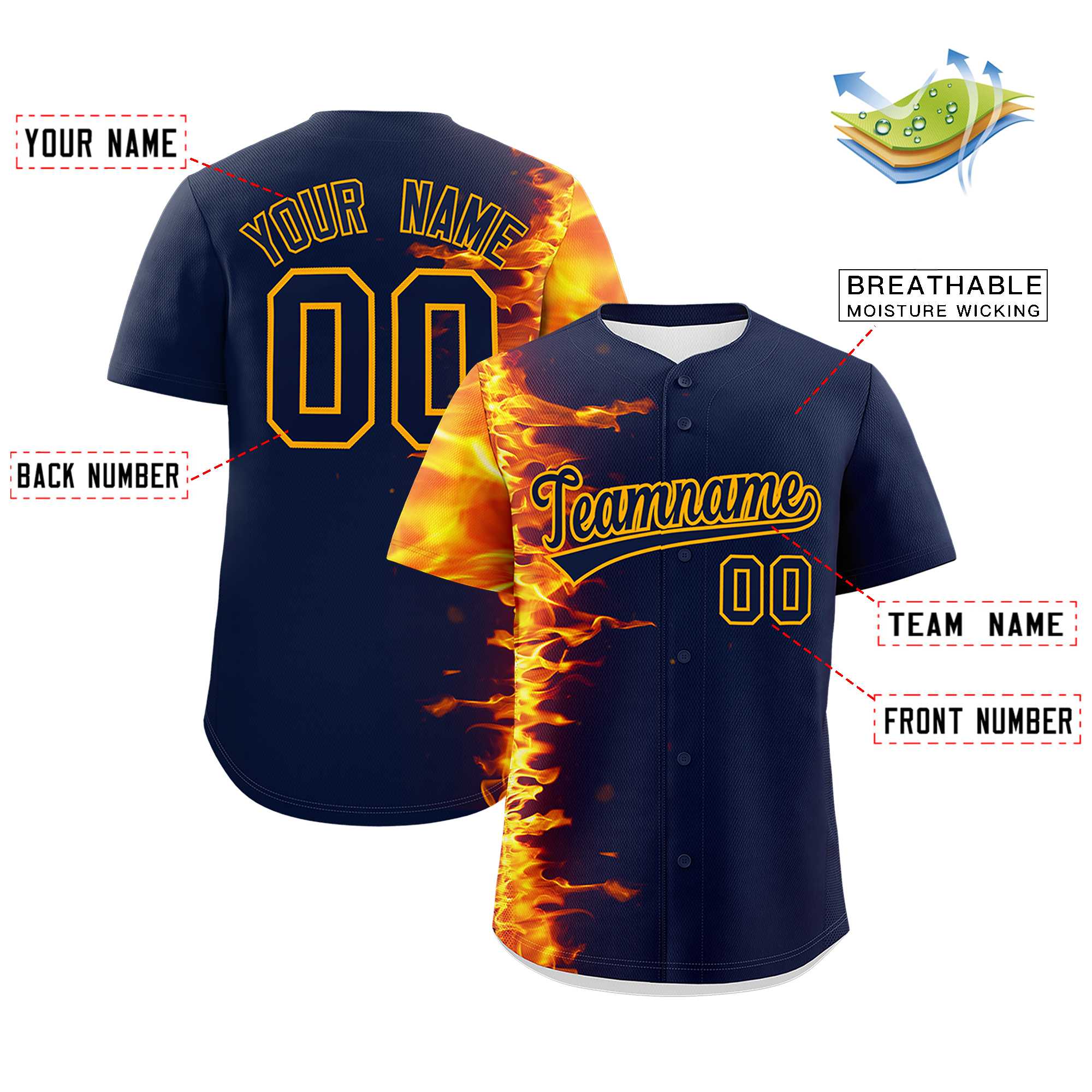 Custom Navy Personalized 3D Flame Design Authentic Baseball Jersey