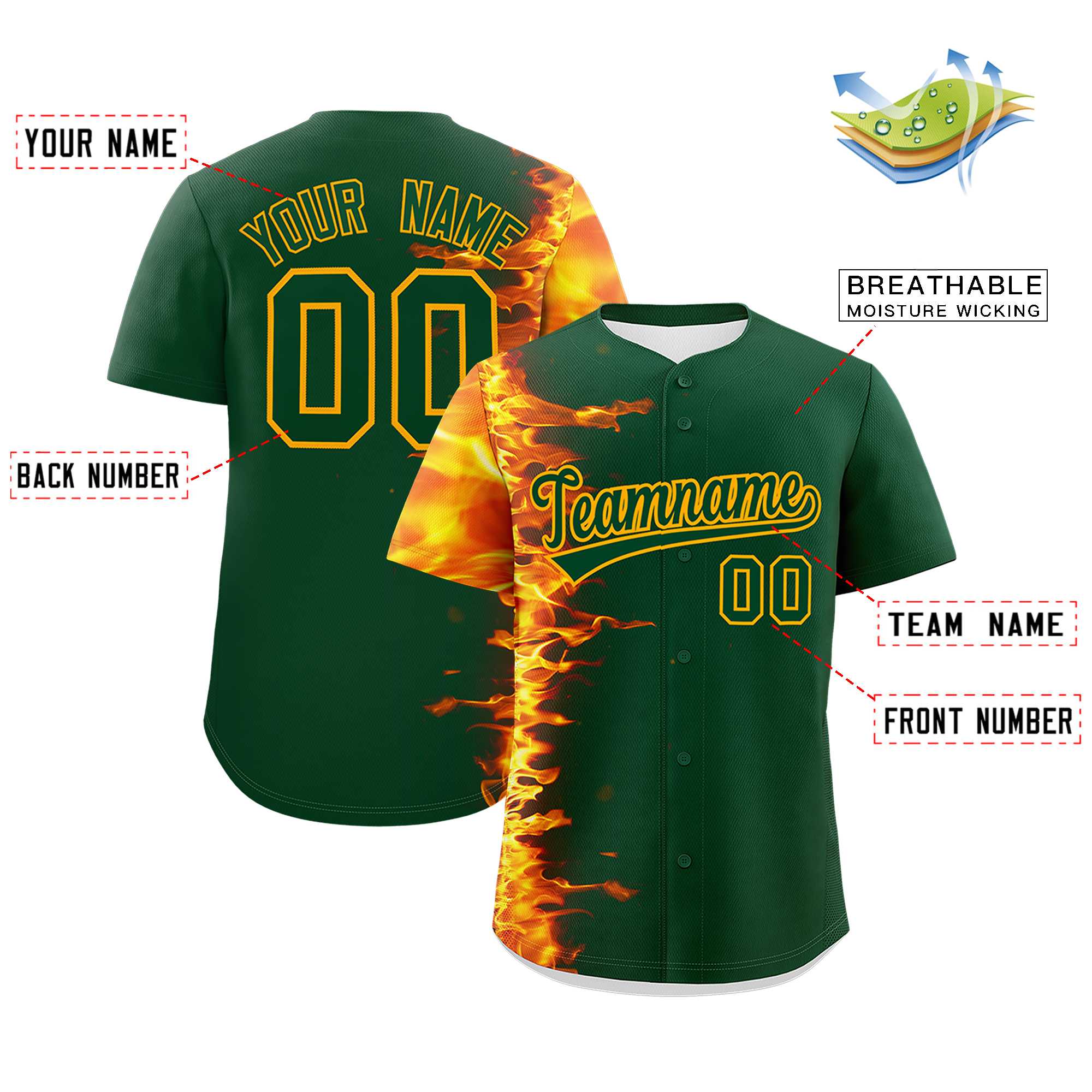 Custom Green Personalized 3D Flame Design Authentic Baseball Jersey