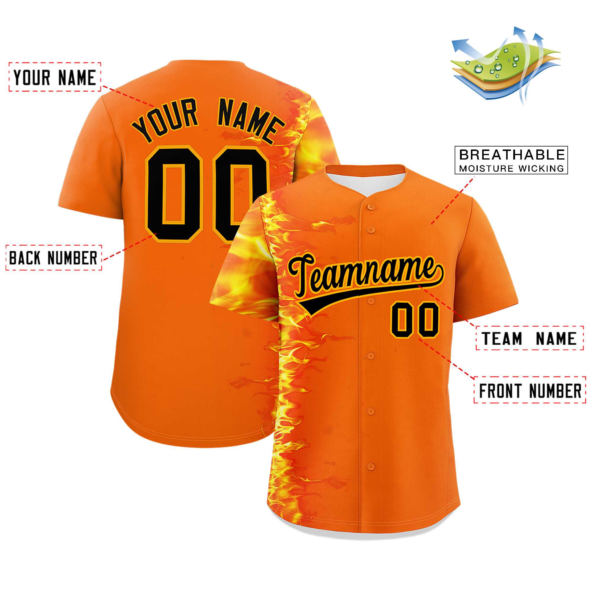 Custom Orange Personalized 3D Flame Design Authentic Baseball Jersey