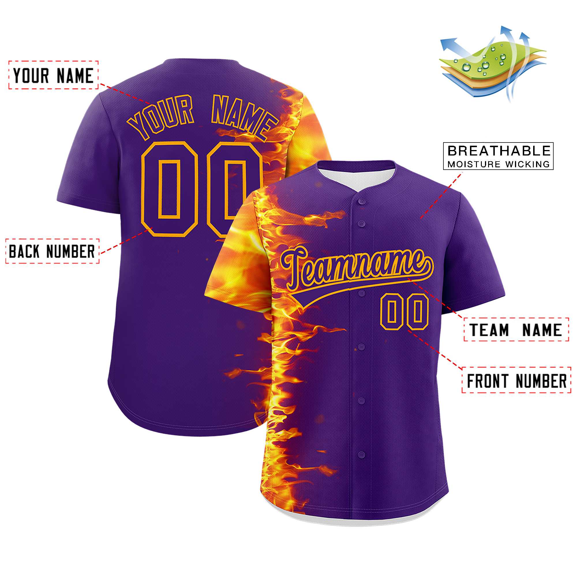 Custom Purple Personalized 3D Flame Design Authentic Baseball Jersey