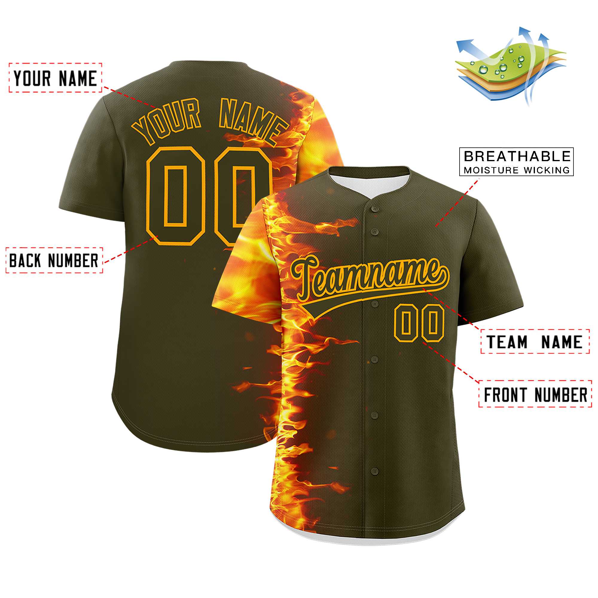 Custom Olive Personalized 3D Flame Design Authentic Baseball Jersey