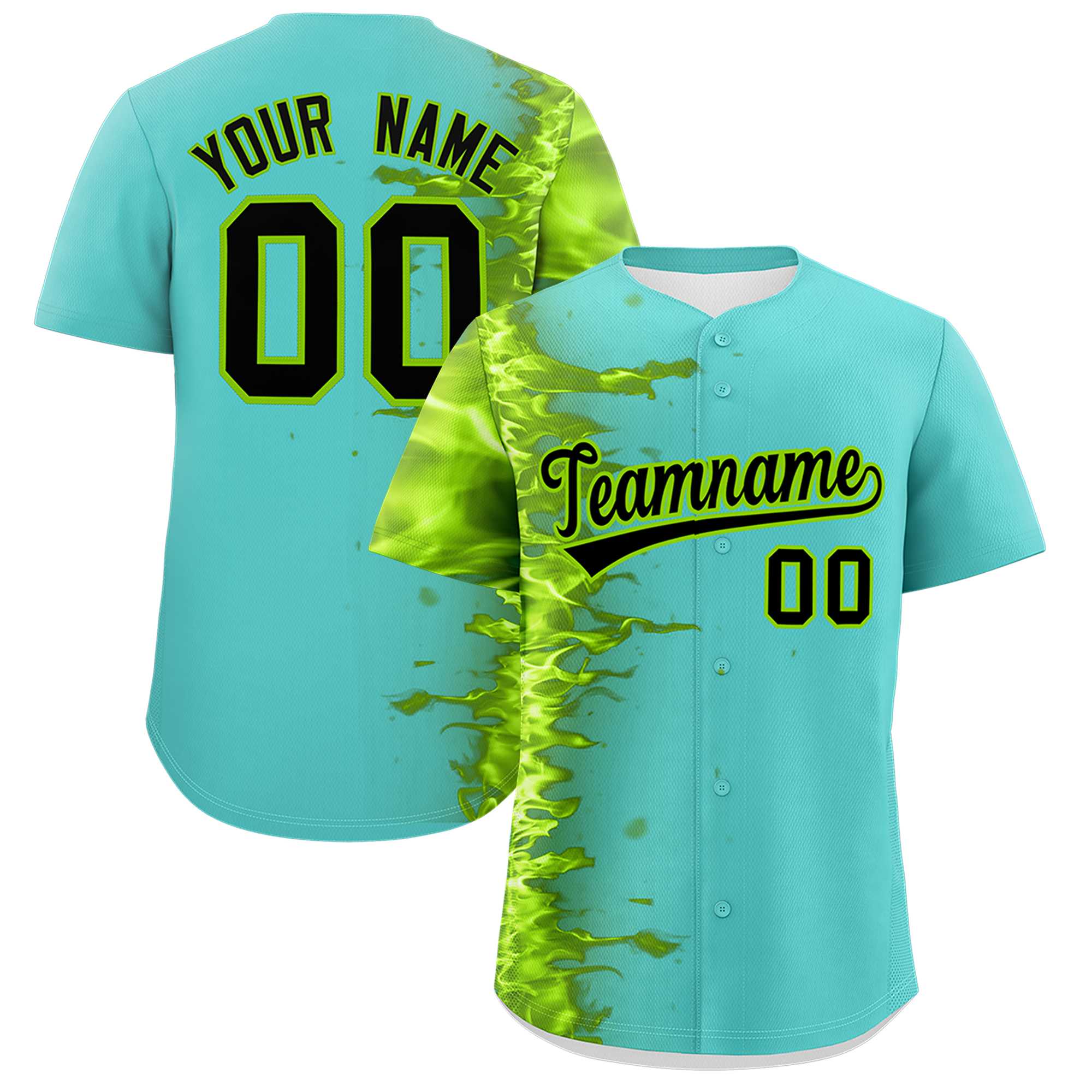 Custom Bright Green Personalized 3D Flame Design Authentic Baseball Jersey