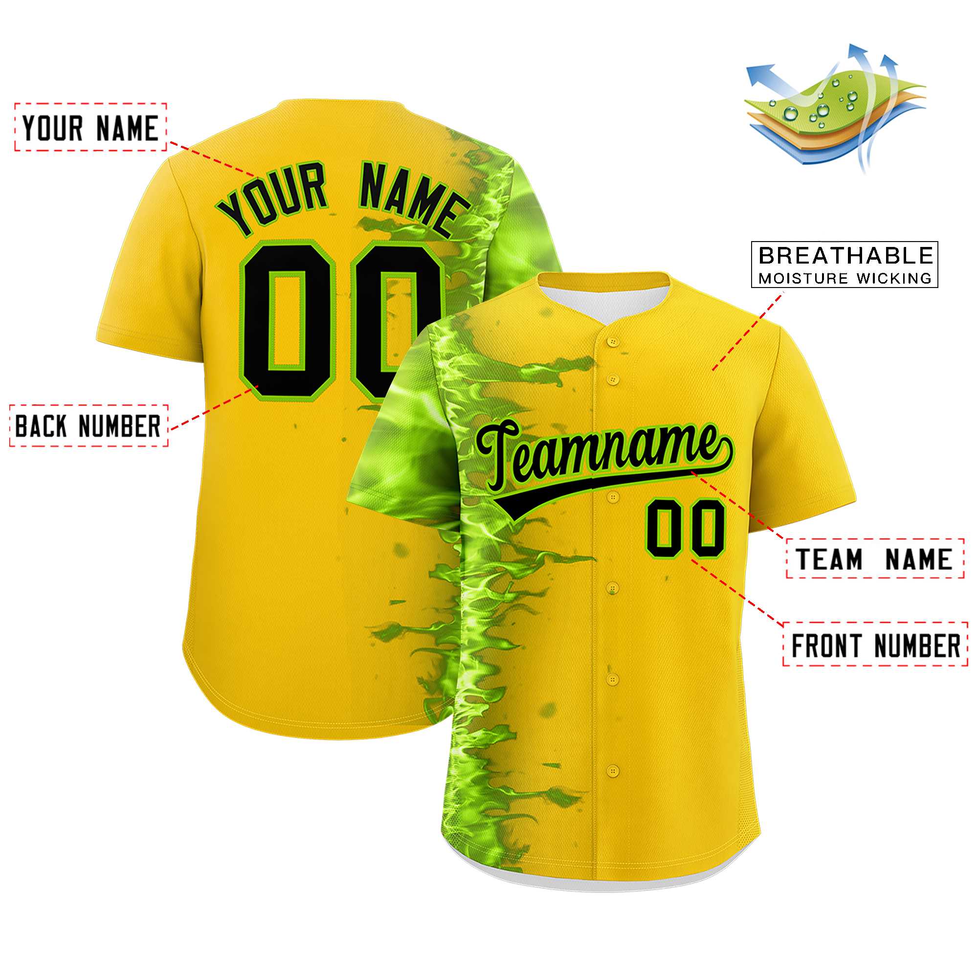 Custom Gold Personalized 3D Flame Design Authentic Baseball Jersey