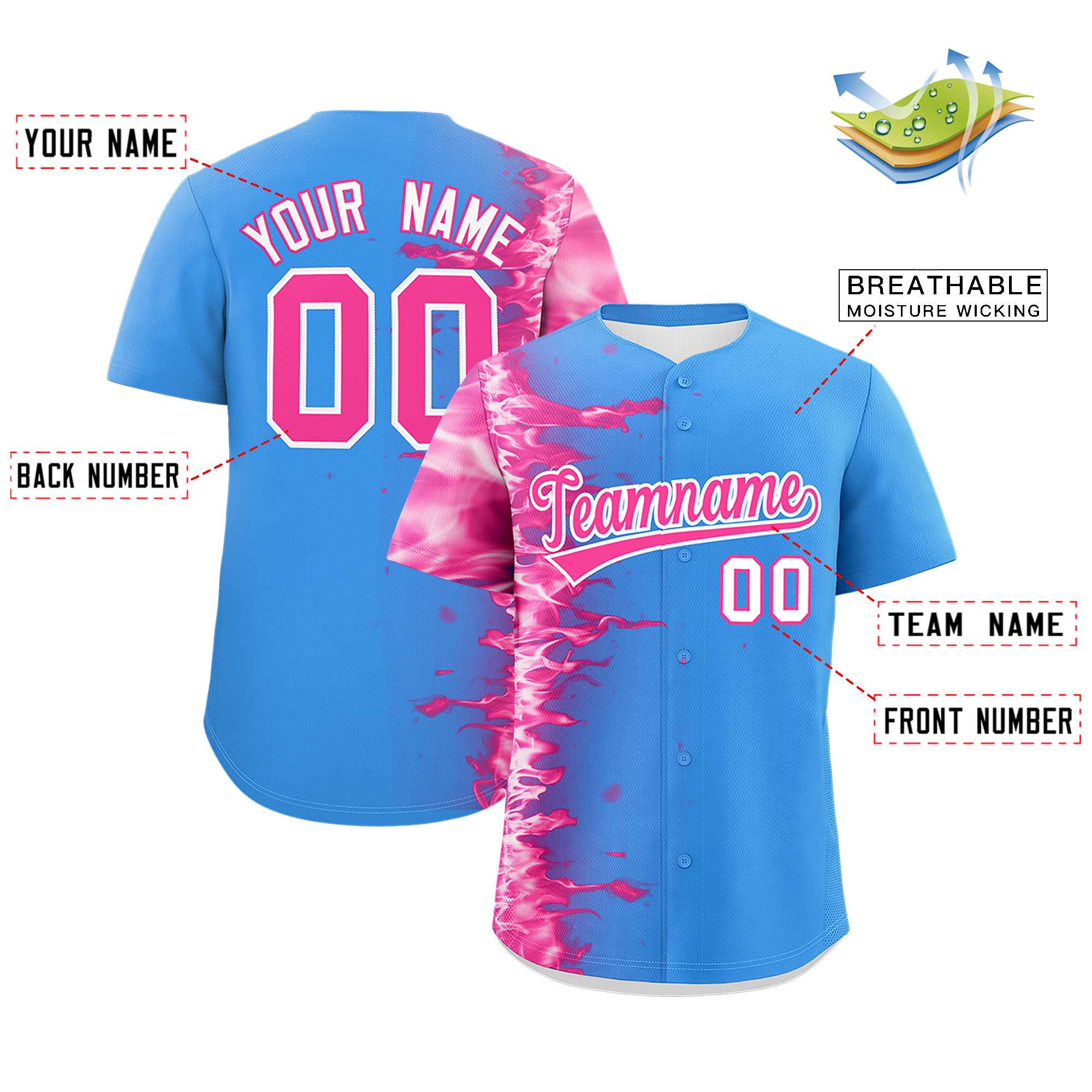 Custom Powder Blue Personalized 3D Flame Design Authentic Baseball Jersey