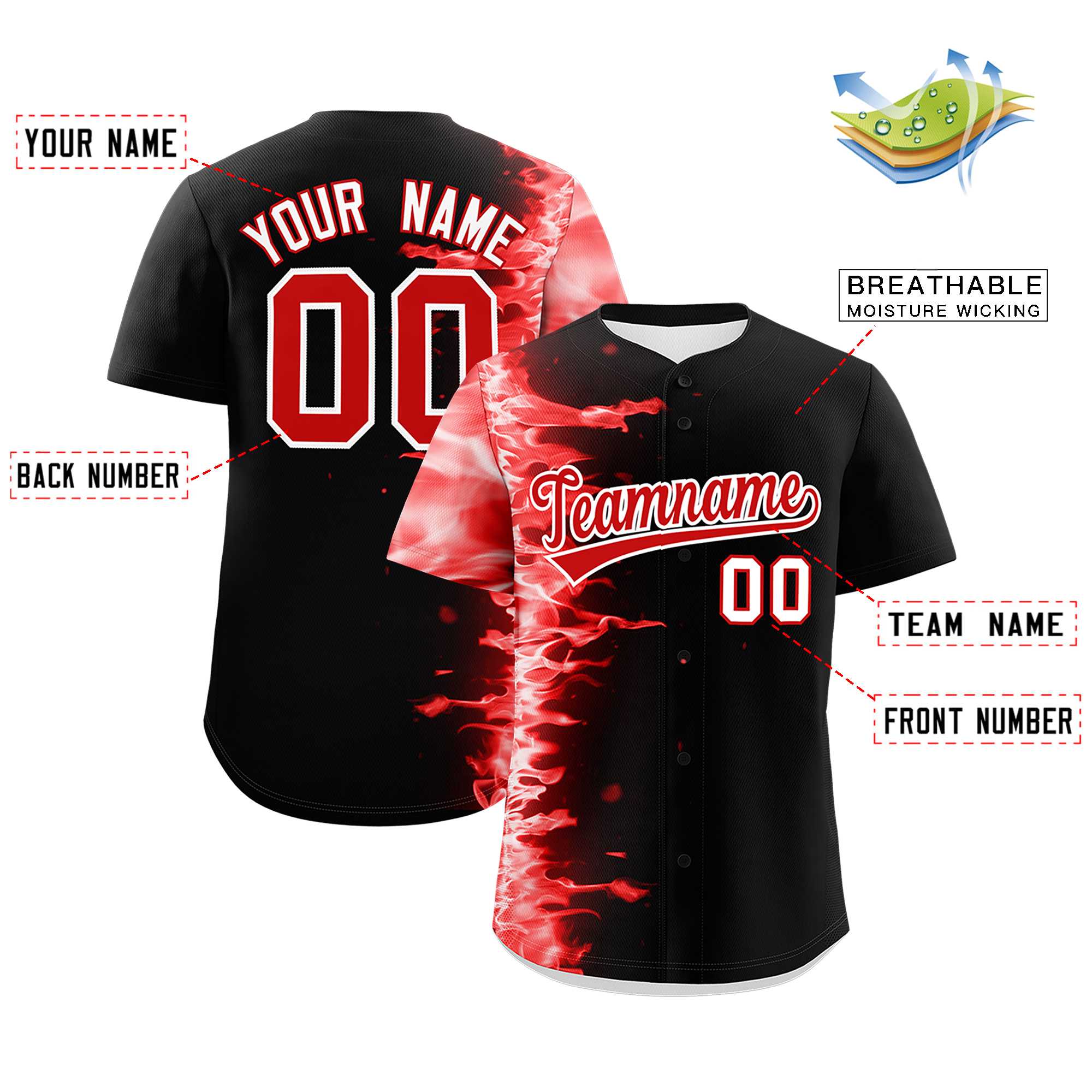 Custom Black Personalized 3D Flame Design Authentic Baseball Jersey