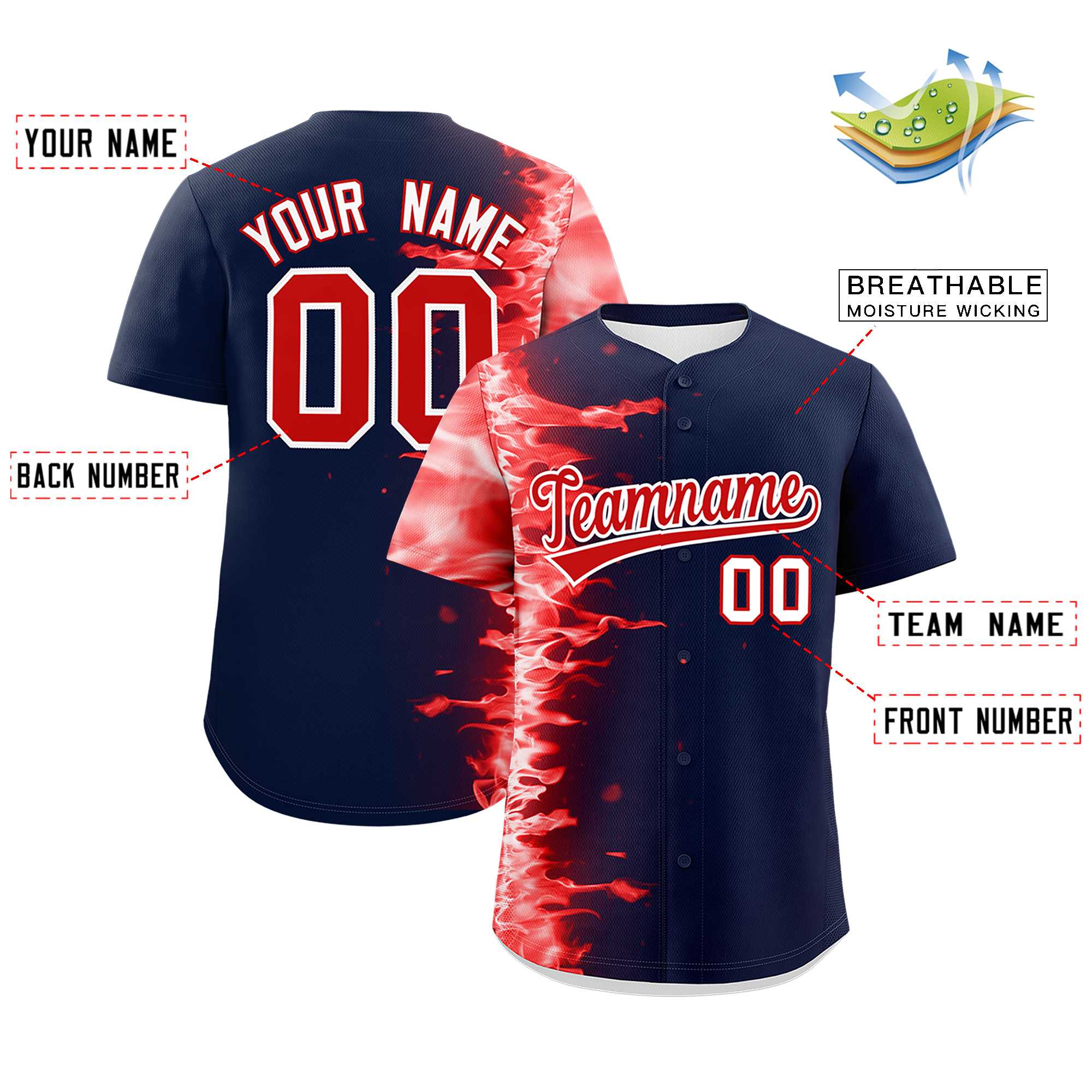 Custom Navy Personalized 3D Flame Design Authentic Baseball Jersey