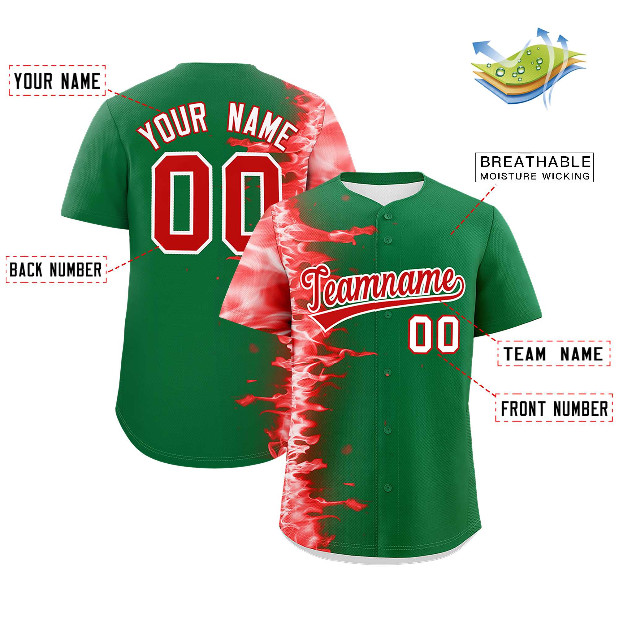 Custom Kelly Green Personalized 3D Flame Design Authentic Baseball Jersey