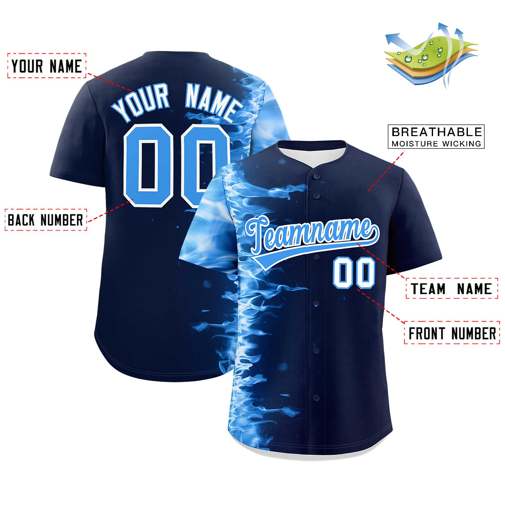 Custom Navy Personalized 3D Flame Design Authentic Baseball Jersey