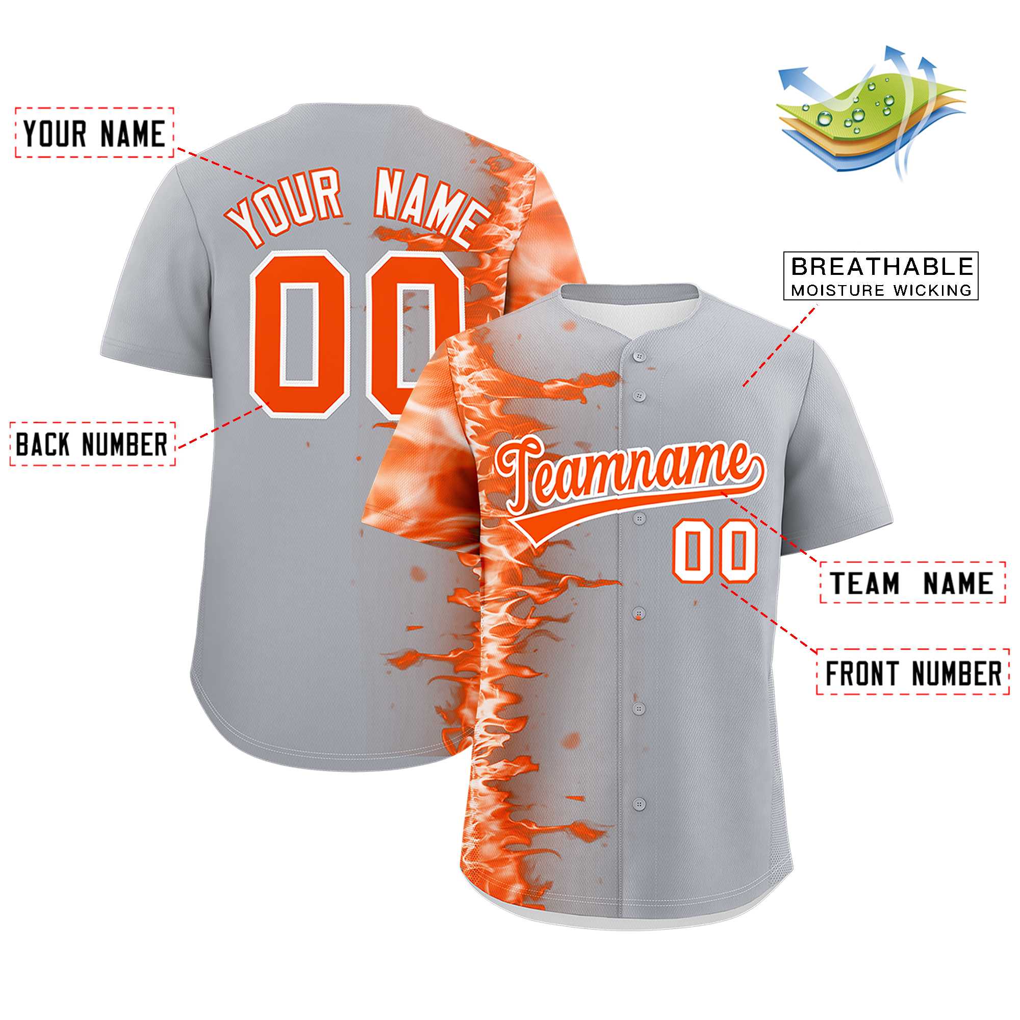 Custom Gray Personalized 3D Flame Design Authentic Baseball Jersey