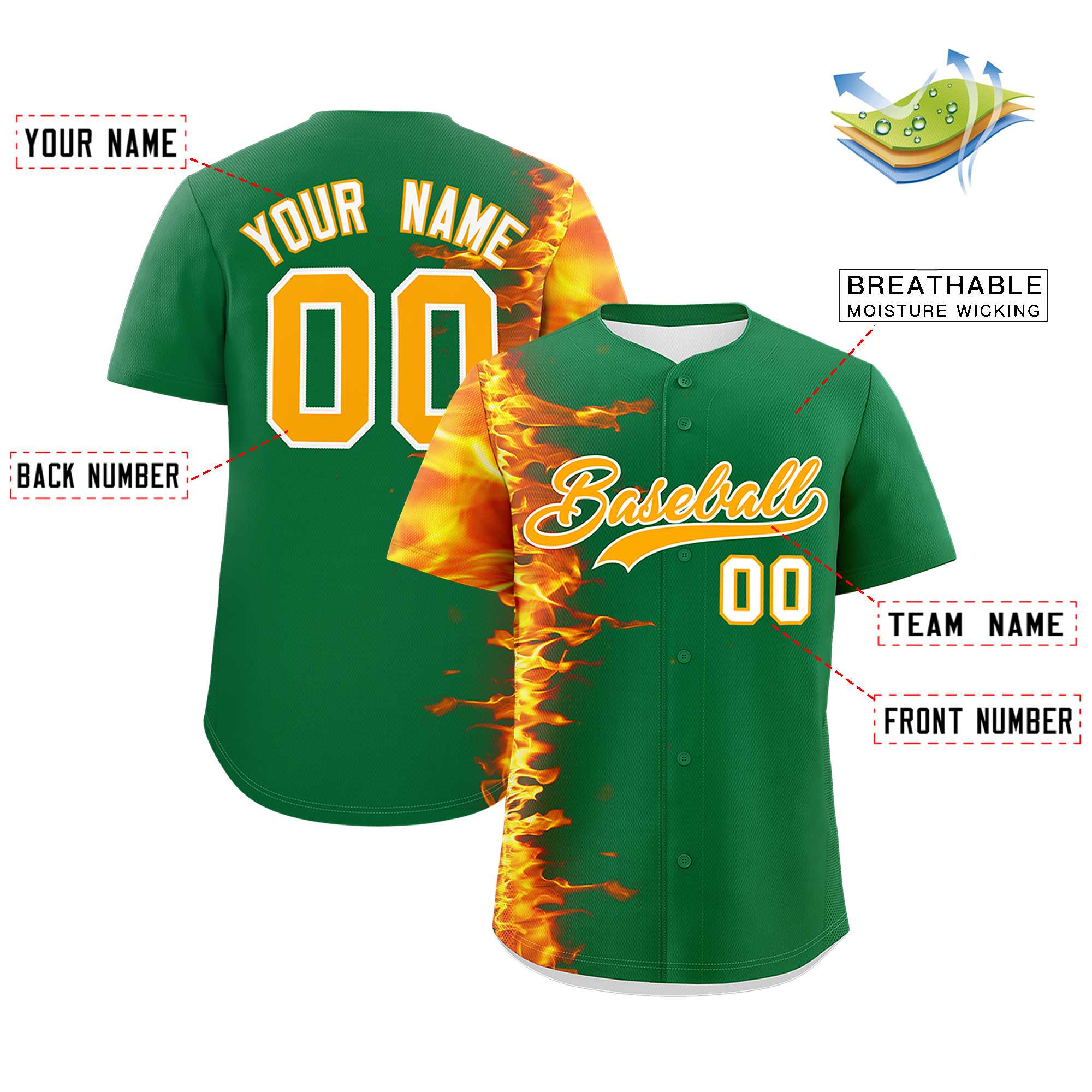 Custom Kelly Green Personalized 3D Flame Design Authentic Baseball Jersey