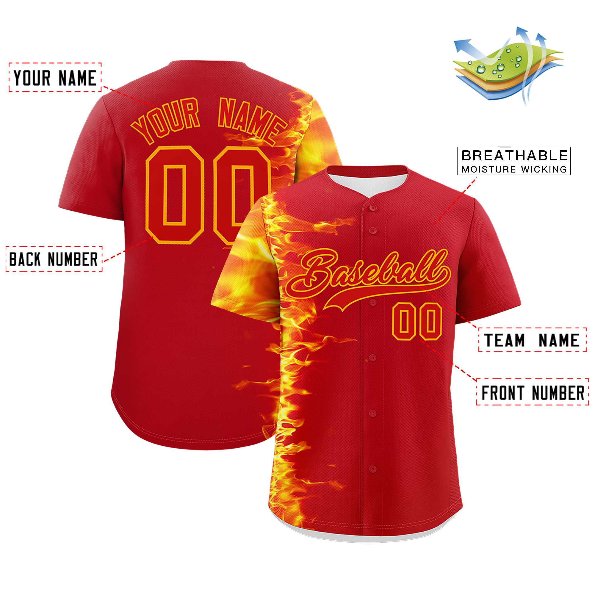 Custom Red Personalized 3D Flame Design Authentic Baseball Jersey