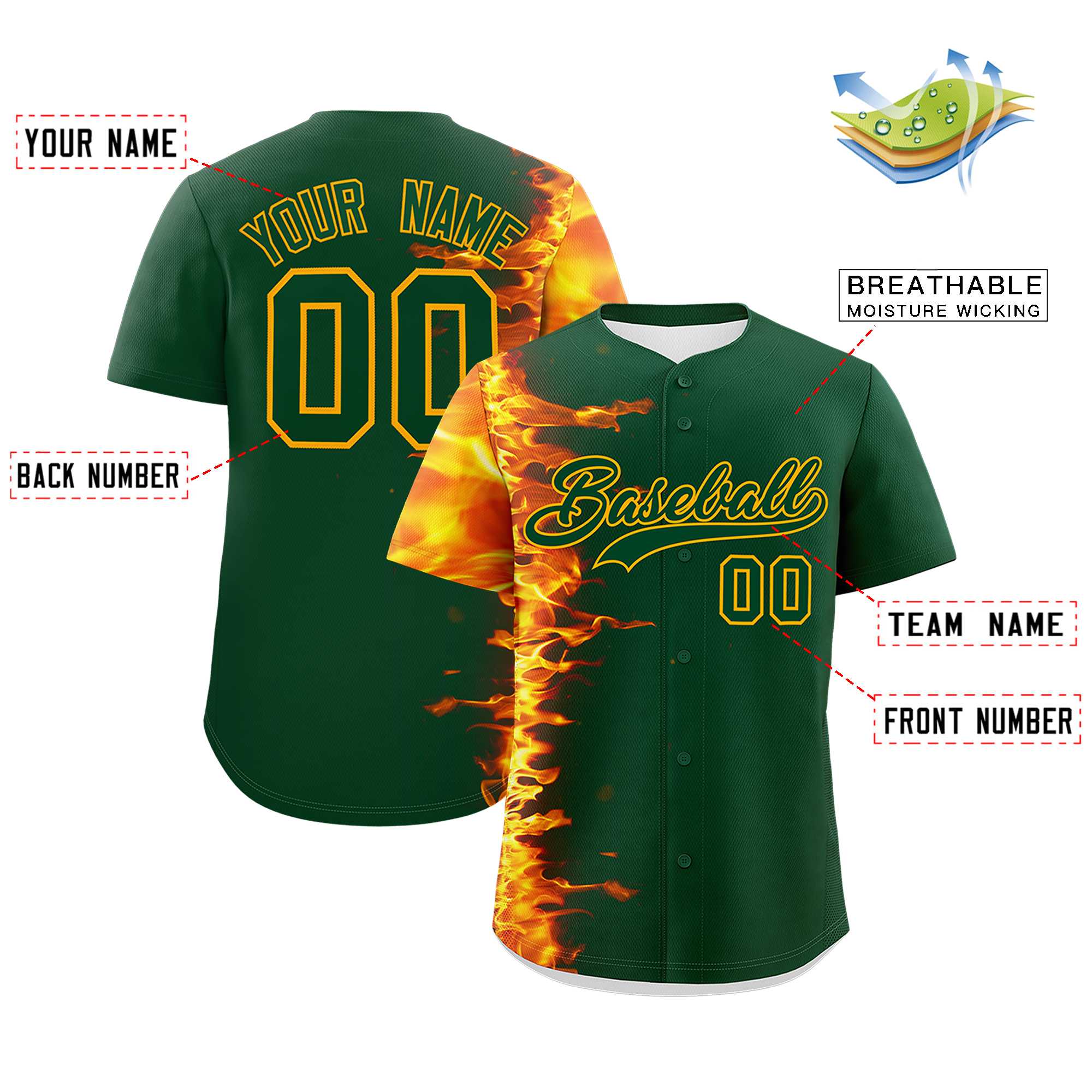 Custom Green Personalized 3D Flame Design Authentic Baseball Jersey