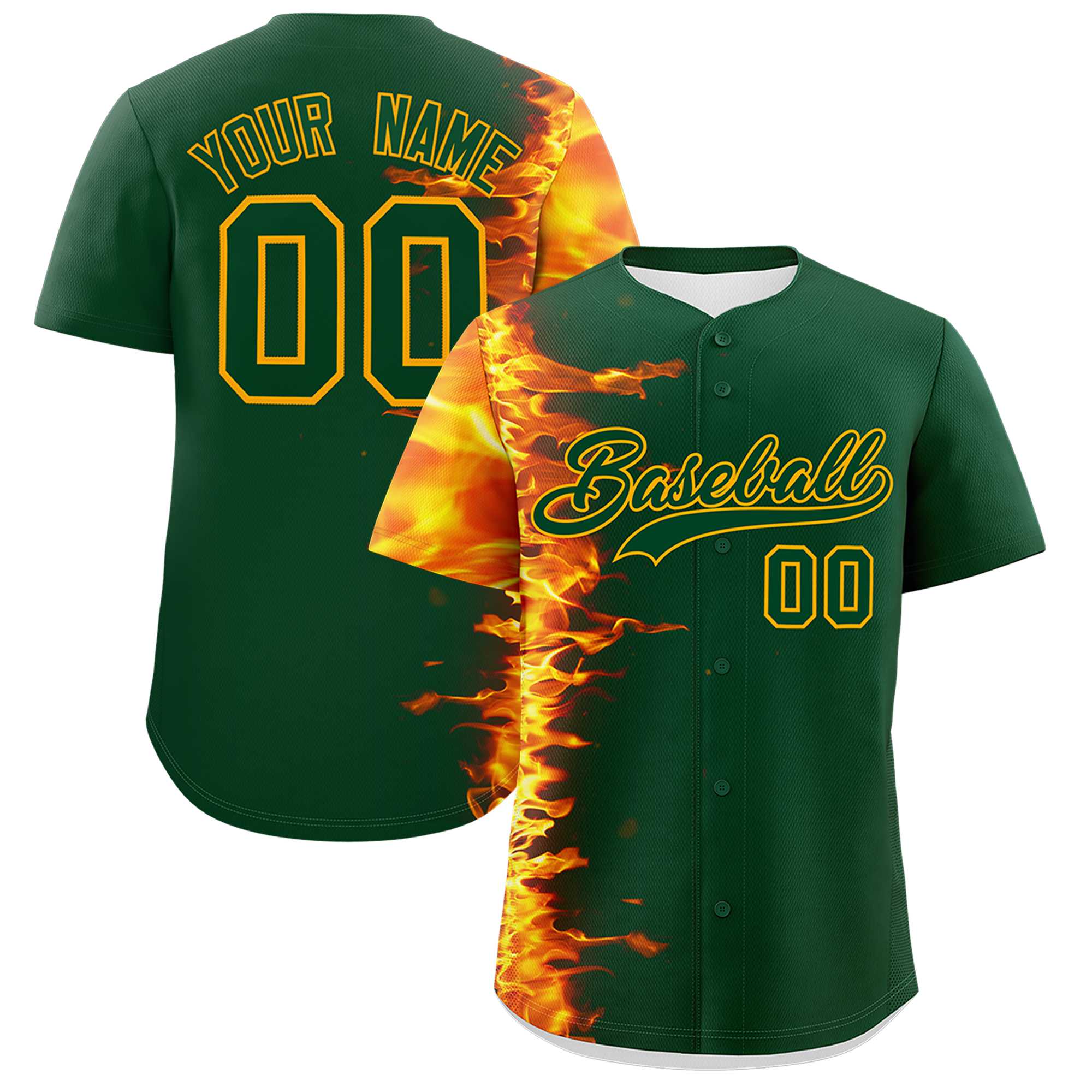 Custom Green Personalized 3D Flame Design Authentic Baseball Jersey