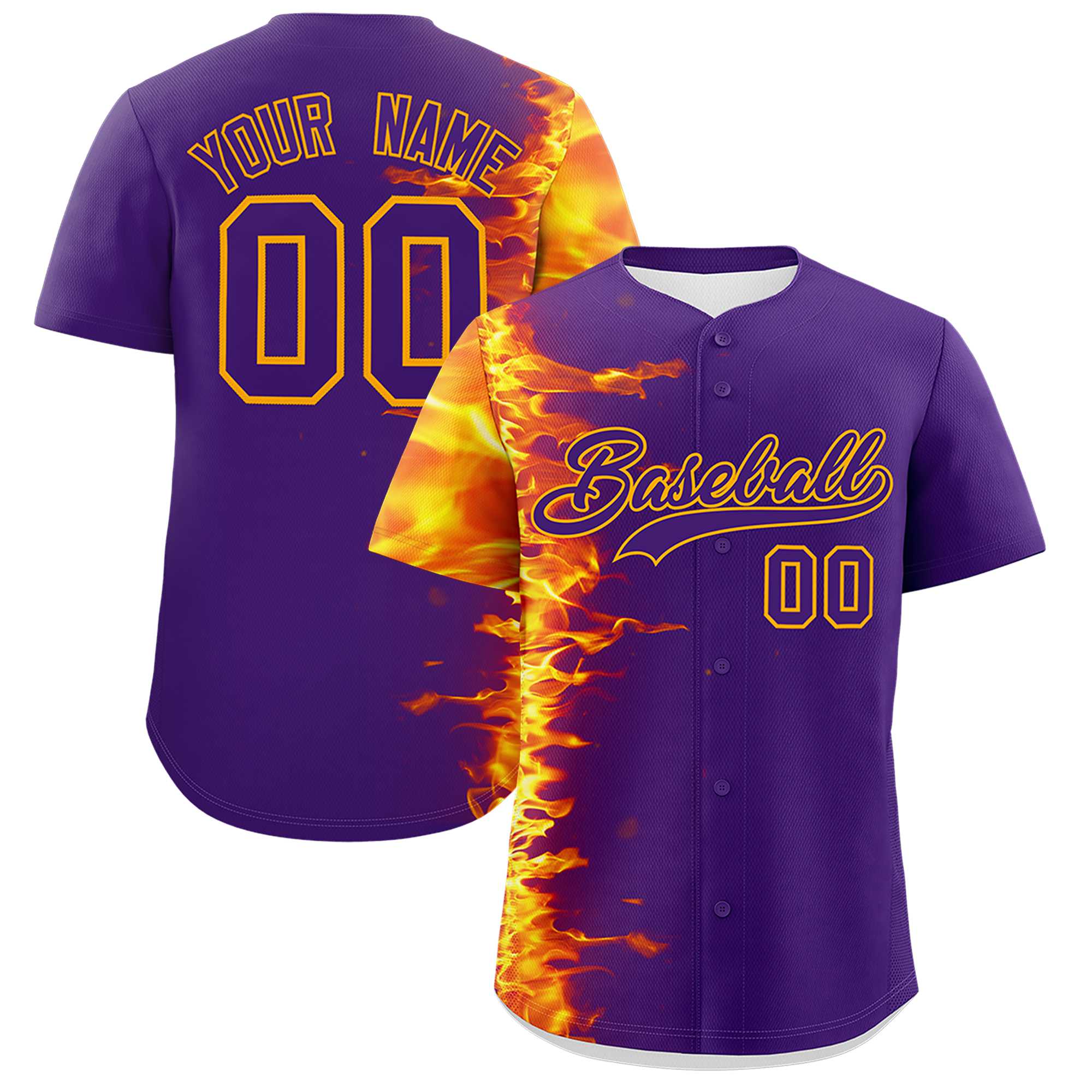 Custom Purple Personalized 3D Flame Design Authentic Baseball Jersey