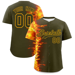 Custom Olive Personalized 3D Flame Design Authentic Baseball Jersey