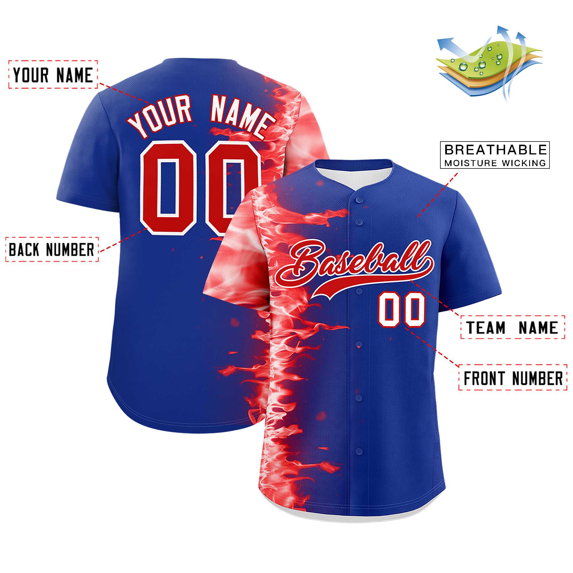 Custom Royal Personalized 3D Flame Design Authentic Baseball Jersey