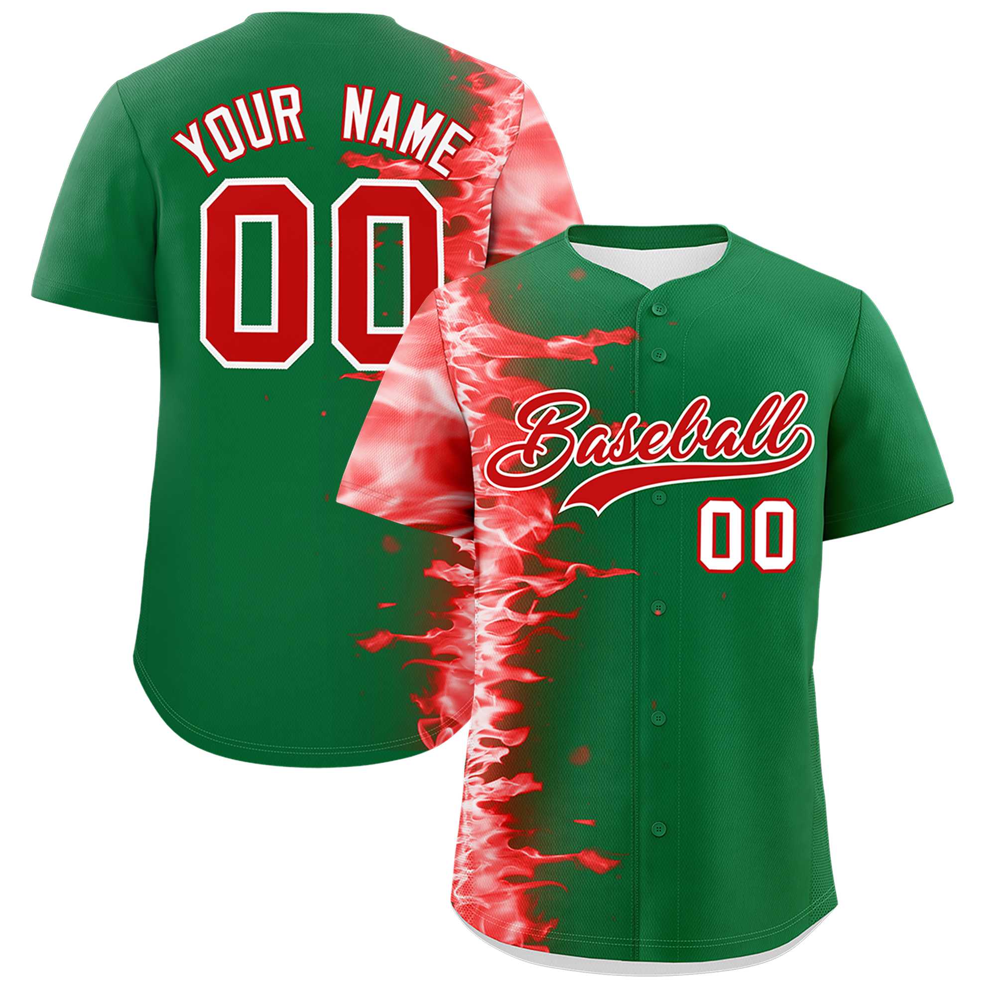 Custom Kelly Green Personalized 3D Flame Design Authentic Baseball Jersey