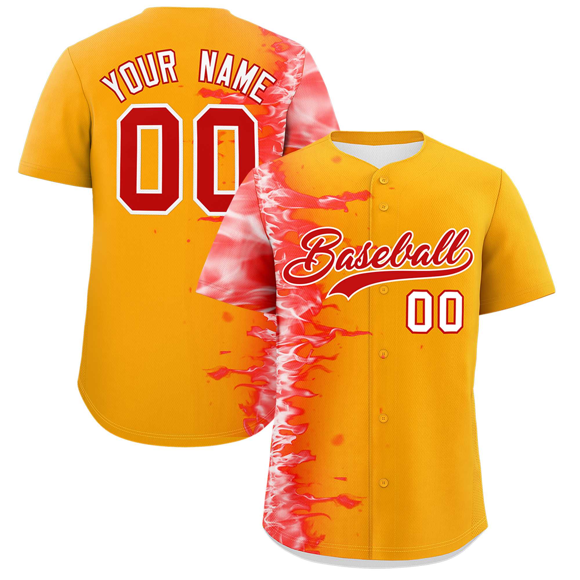 Custom Yellow Personalized 3D Flame Design Authentic Baseball Jersey