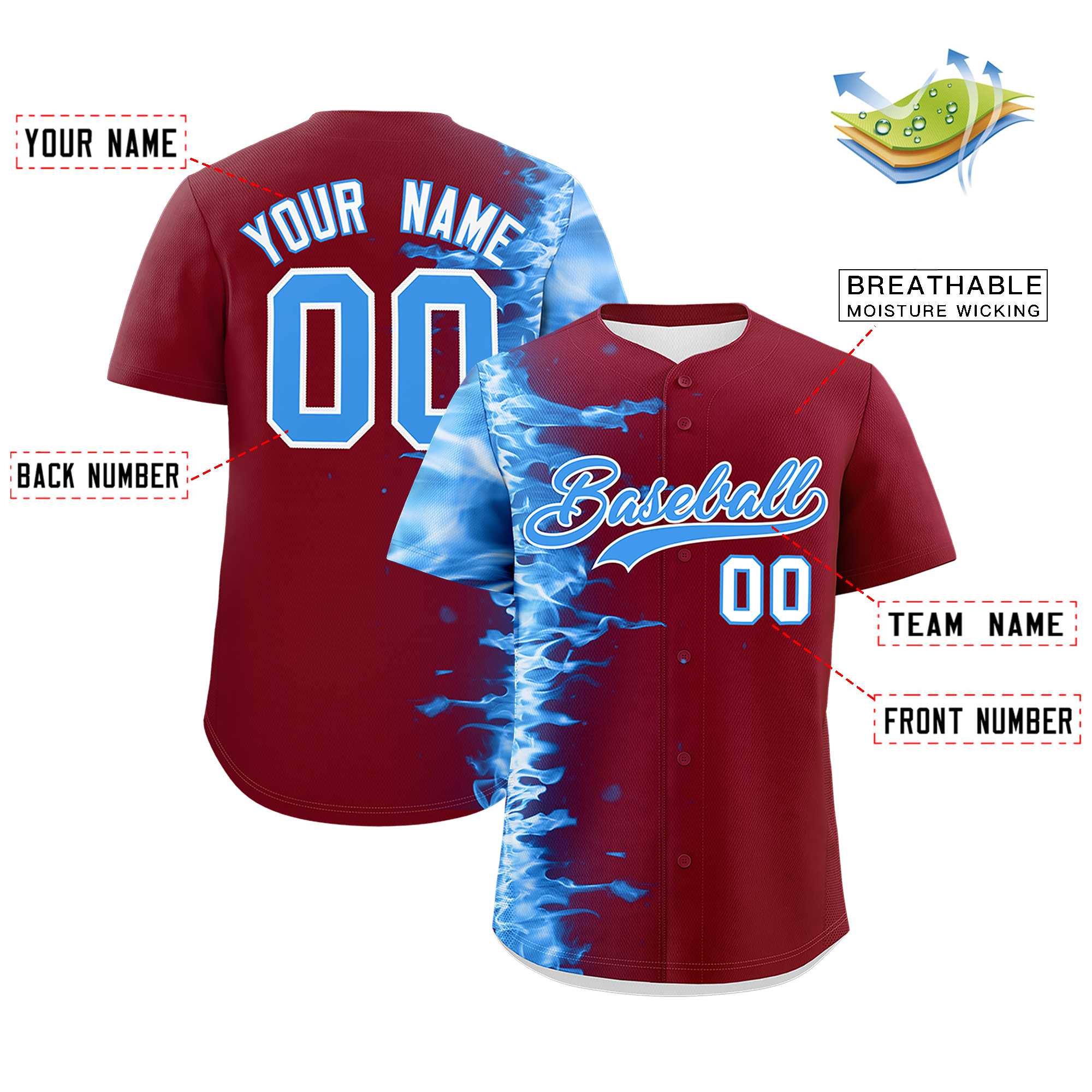 Custom Crimson Personalized 3D Flame Design Authentic Baseball Jersey