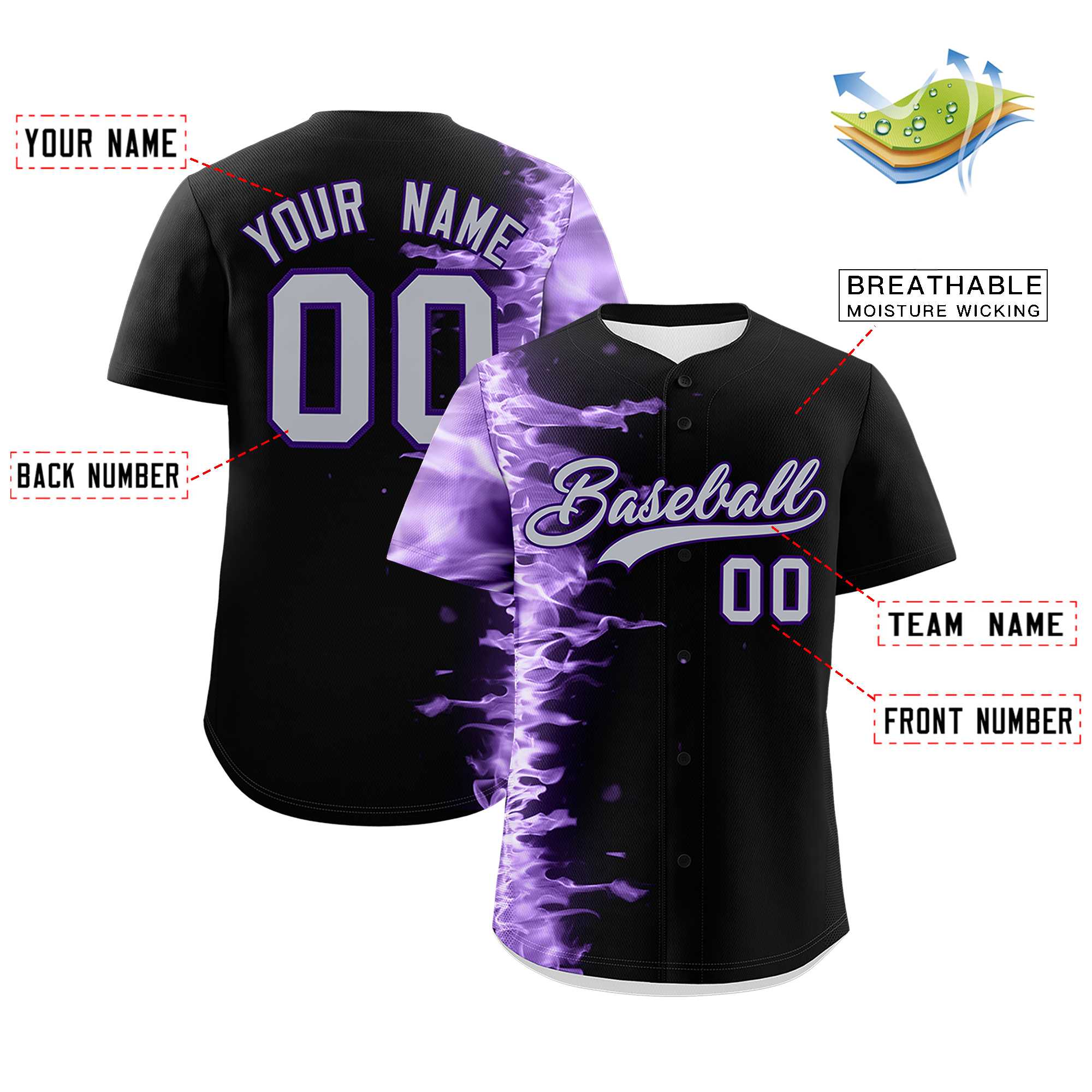 Custom Black Personalized 3D Flame Design Authentic Baseball Jersey