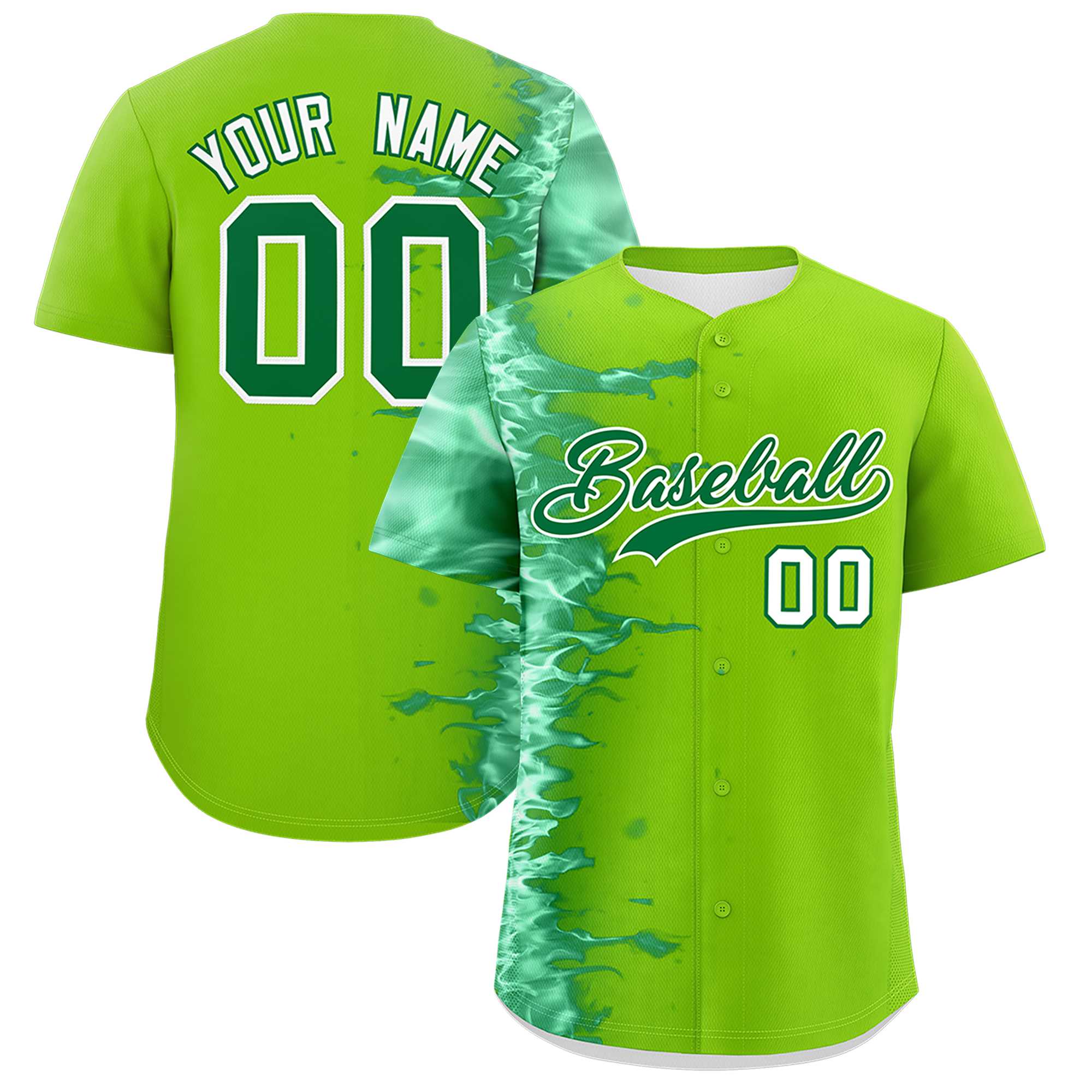 Custom Neon Green Personalized 3D Flame Design Authentic Baseball Jersey