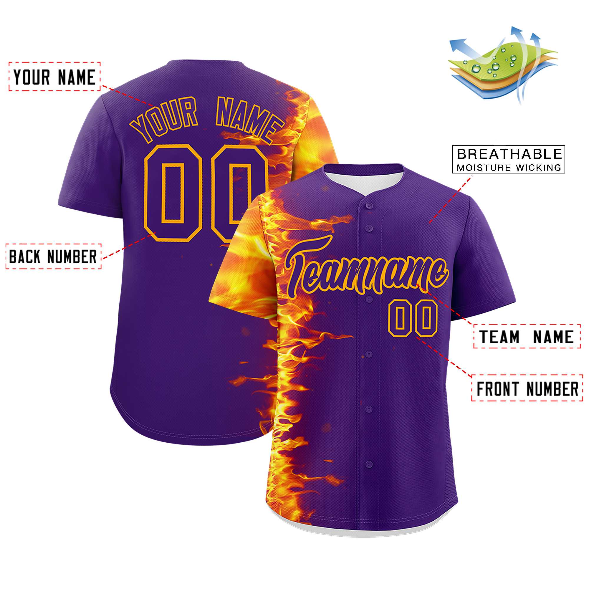 Custom Purple Personalized 3D Flame Design Authentic Baseball Jersey