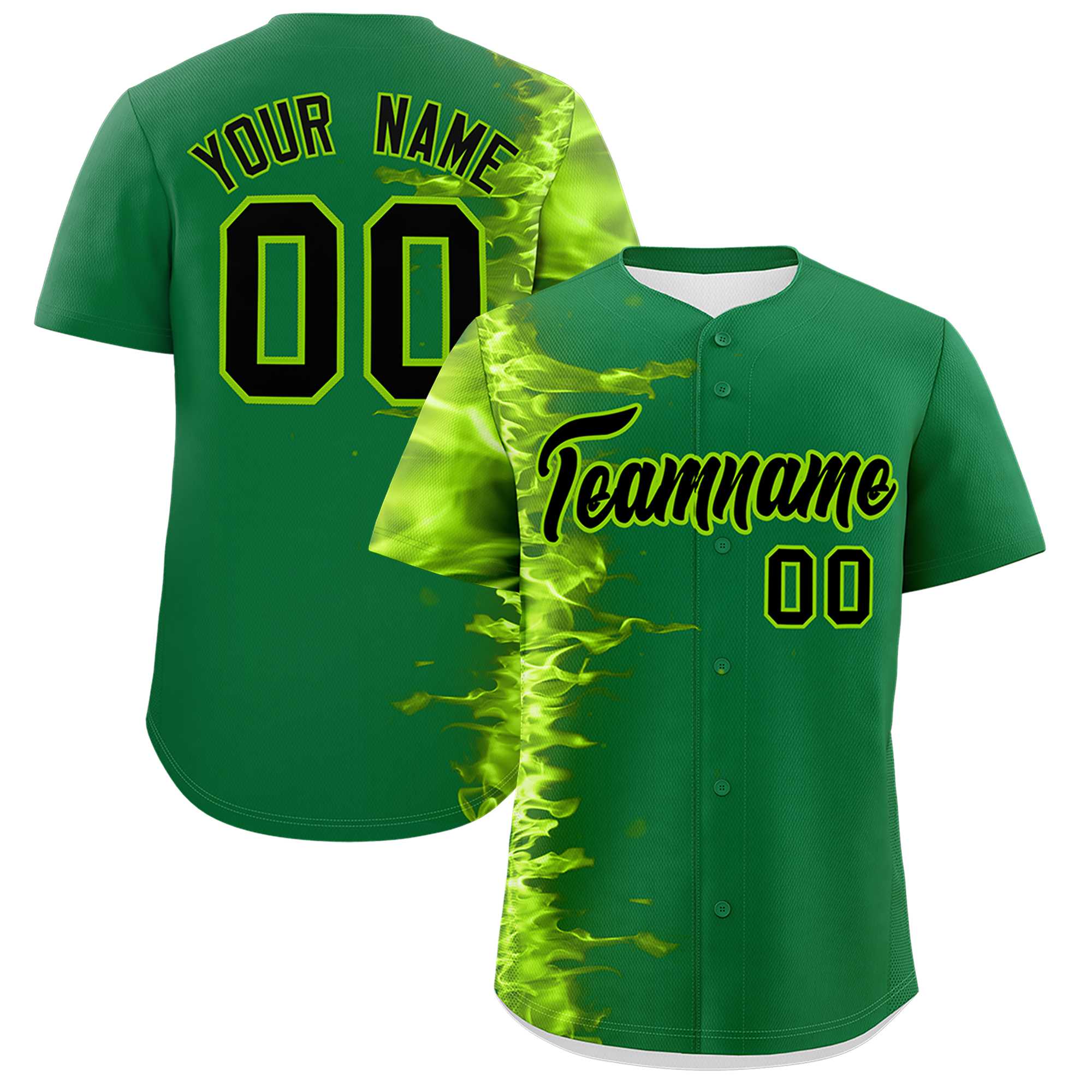 Custom Kelly Green Personalized 3D Flame Design Authentic Baseball Jersey