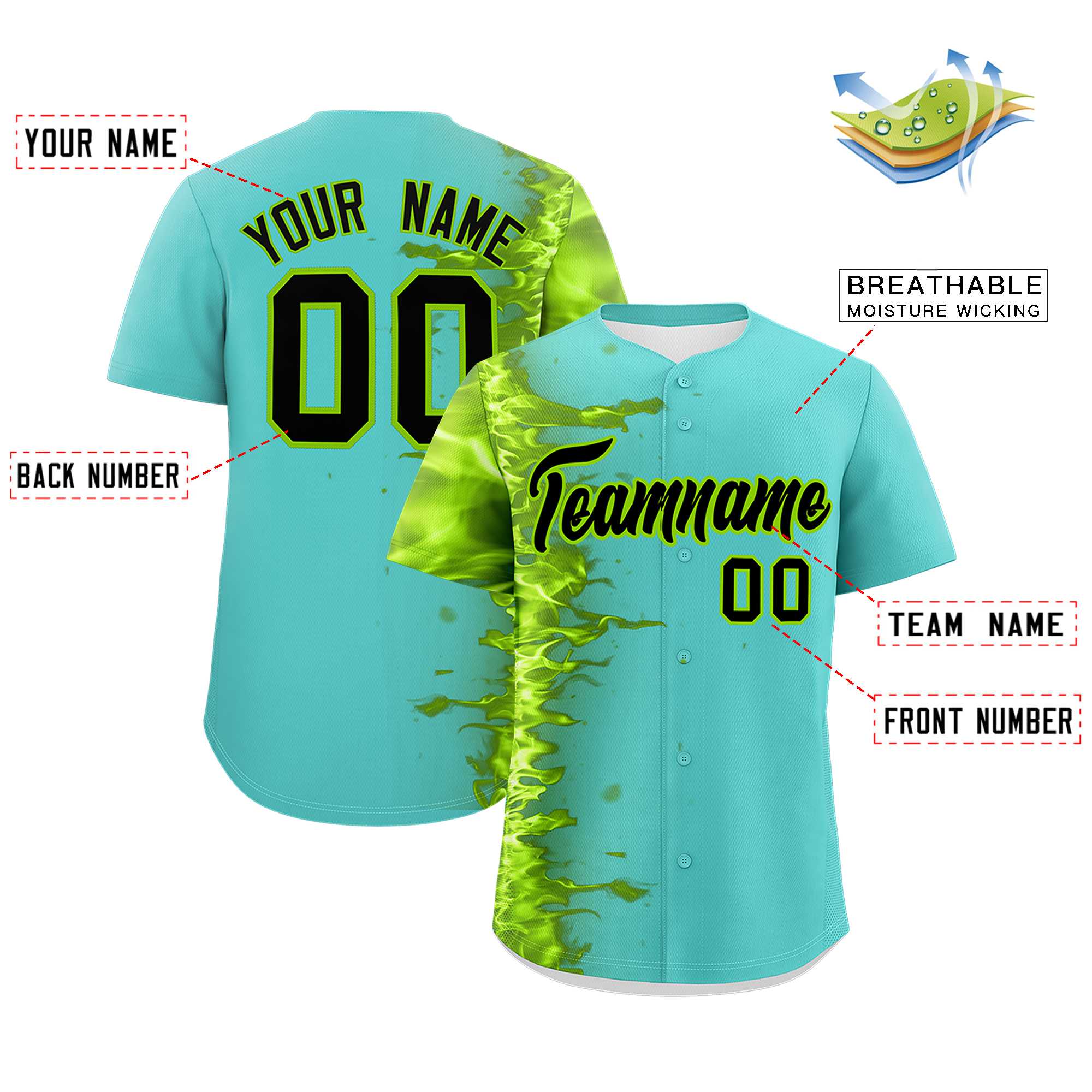 Custom Bright Green Personalized 3D Flame Design Authentic Baseball Jersey