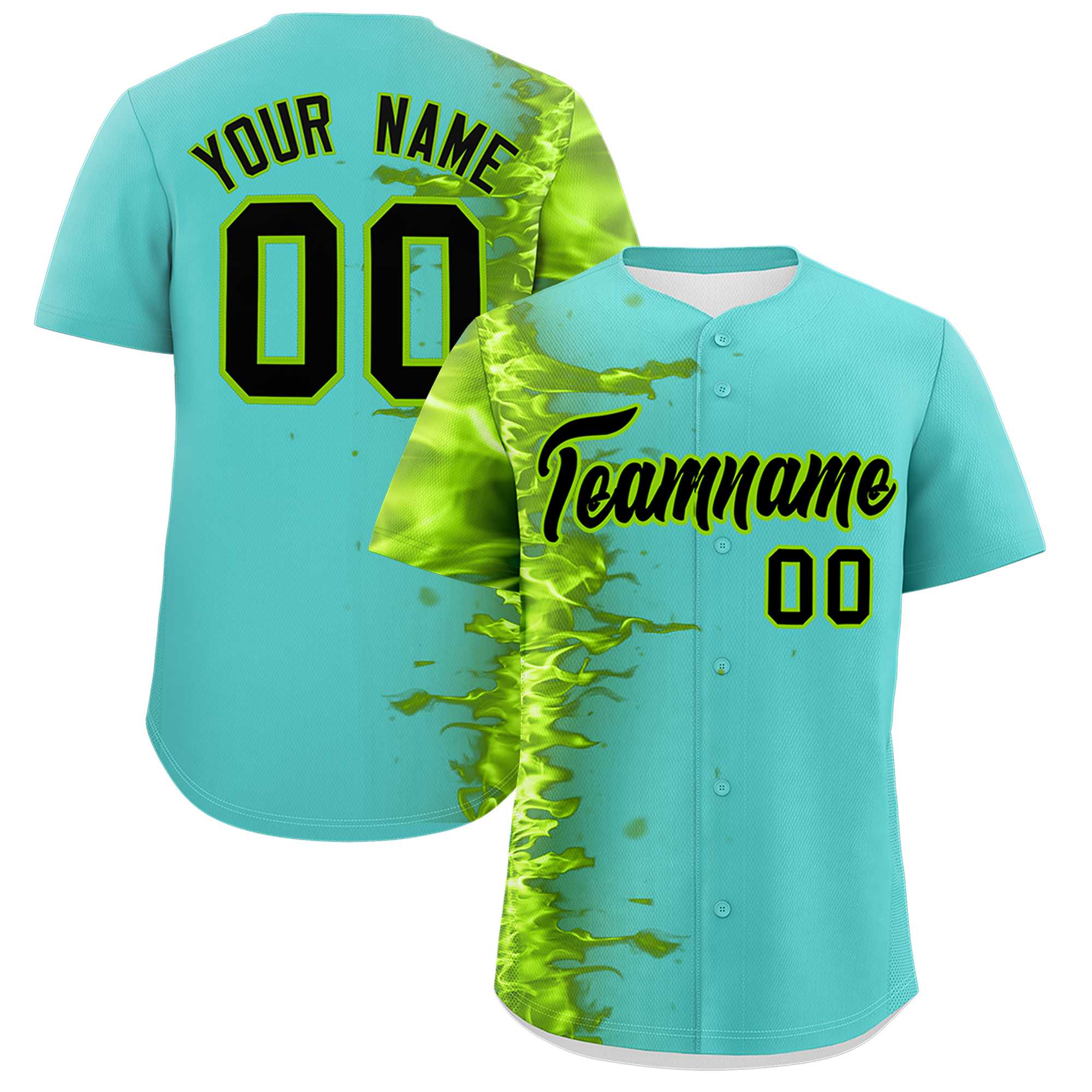 Custom Bright Green Personalized 3D Flame Design Authentic Baseball Jersey