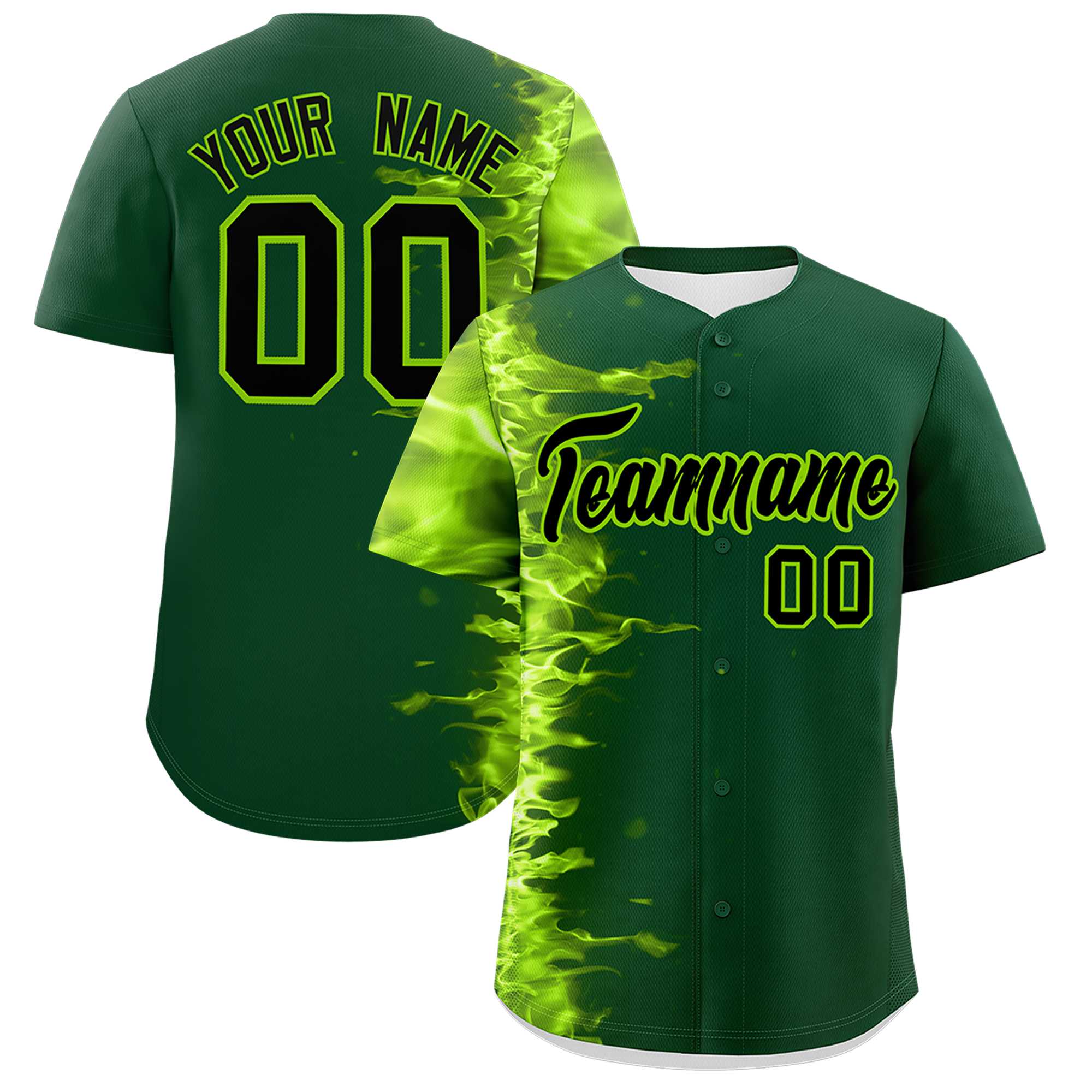 Custom Green Personalized 3D Flame Design Authentic Baseball Jersey