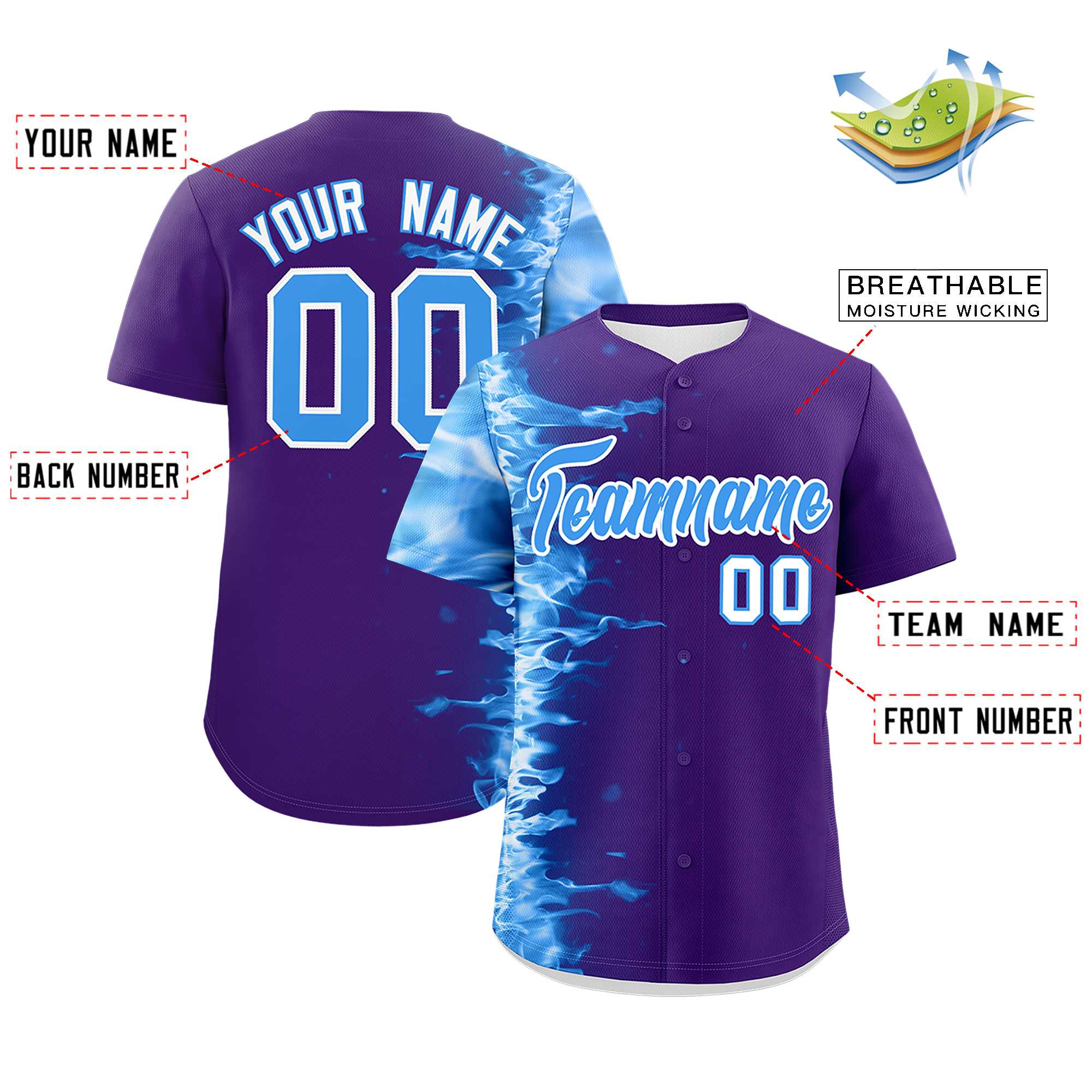 Custom Purple Personalized 3D Flame Design Authentic Baseball Jersey