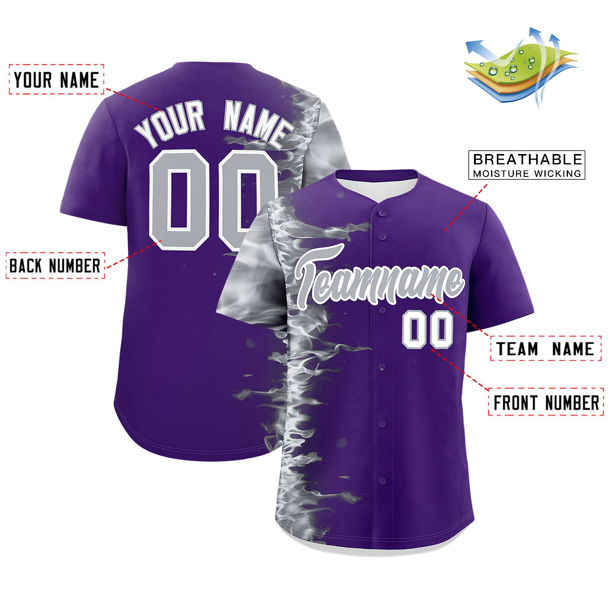 Custom Purple Personalized 3D Flame Design Authentic Baseball Jersey