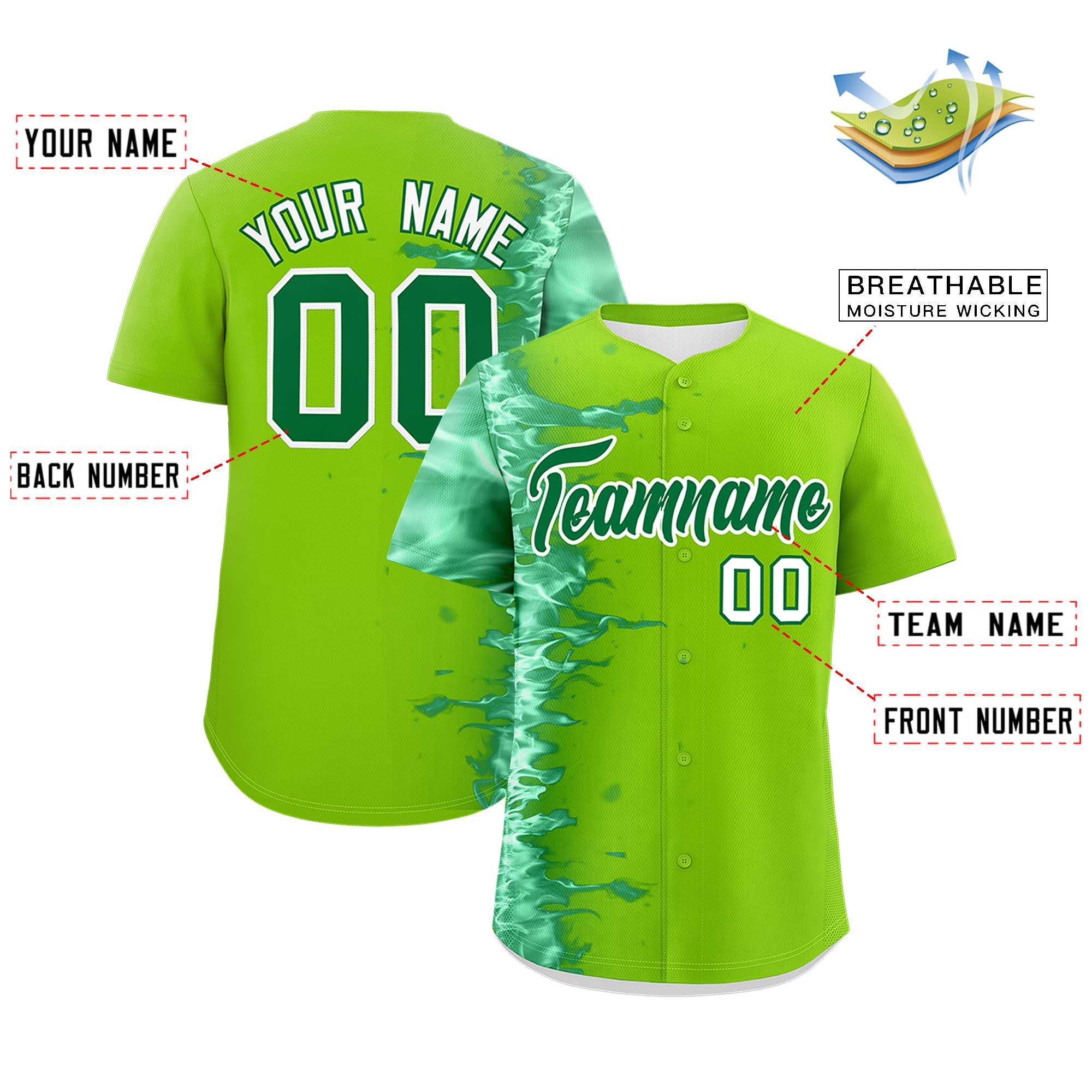 Custom Neon Green Personalized 3D Flame Design Authentic Baseball Jersey