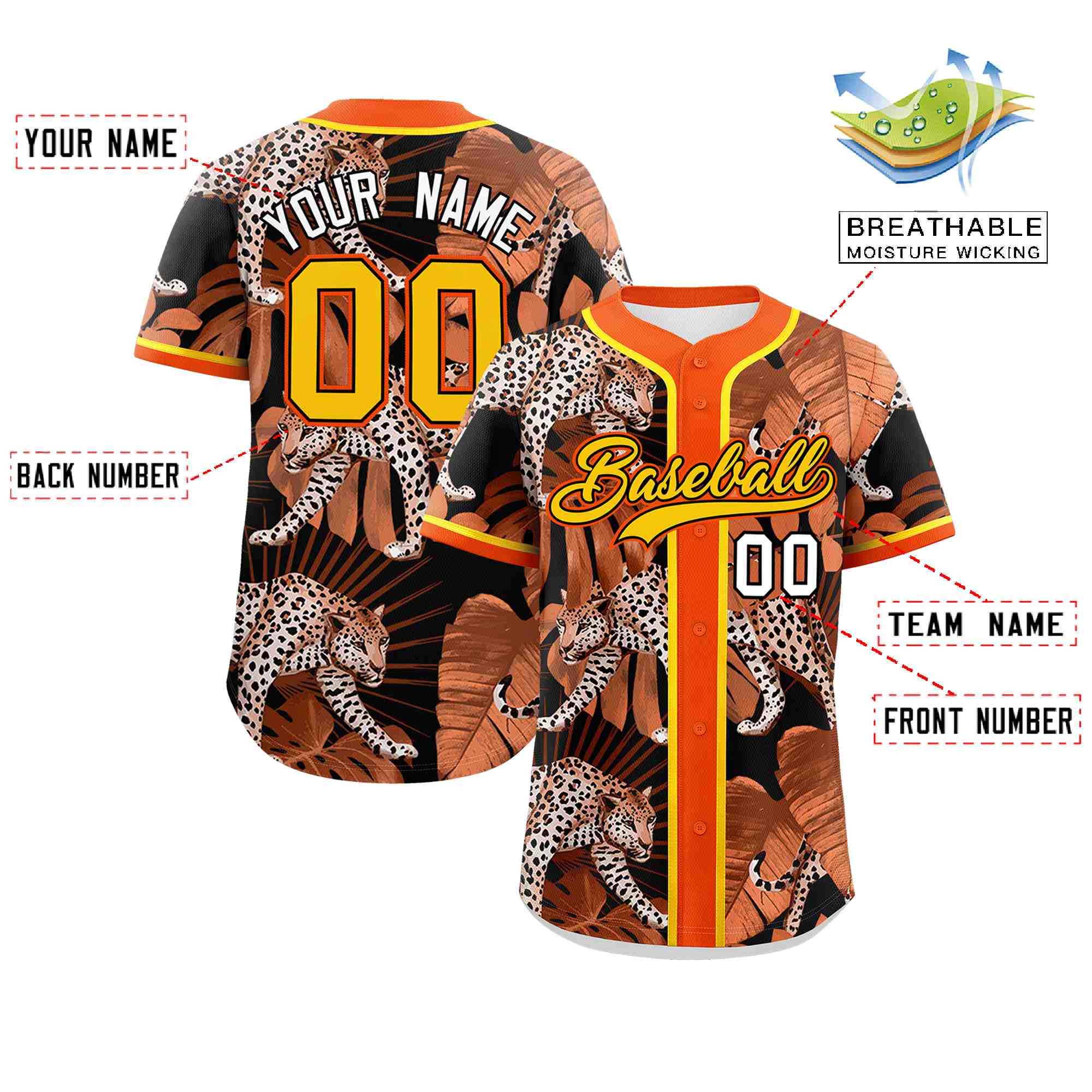 Custom Orange Personalized Leopard Graffiti Pattern Authentic Baseball Jersey