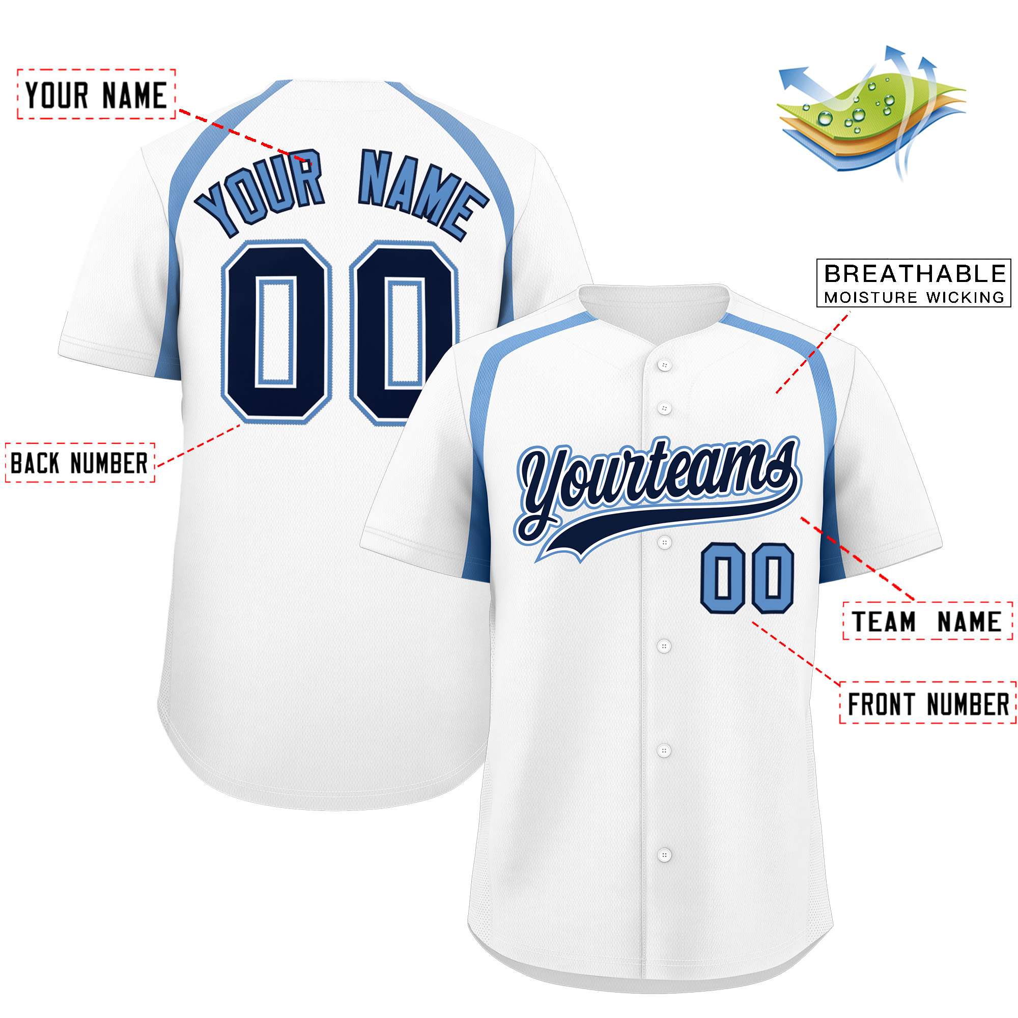 Custom White Light Blue Personalized Color Block Authentic Baseball Jersey