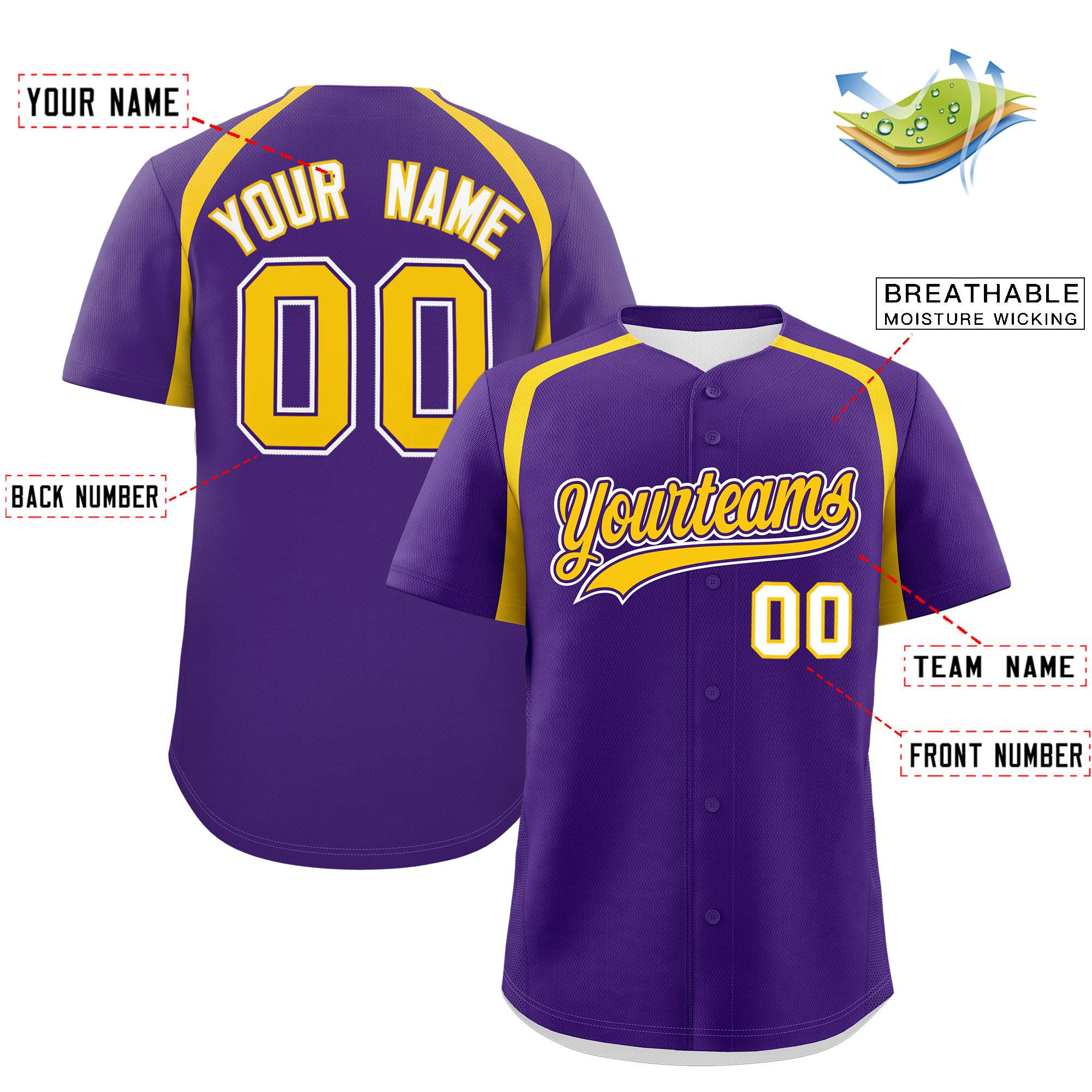 Custom Purple Gold Personalized Color Block Authentic Baseball Jersey