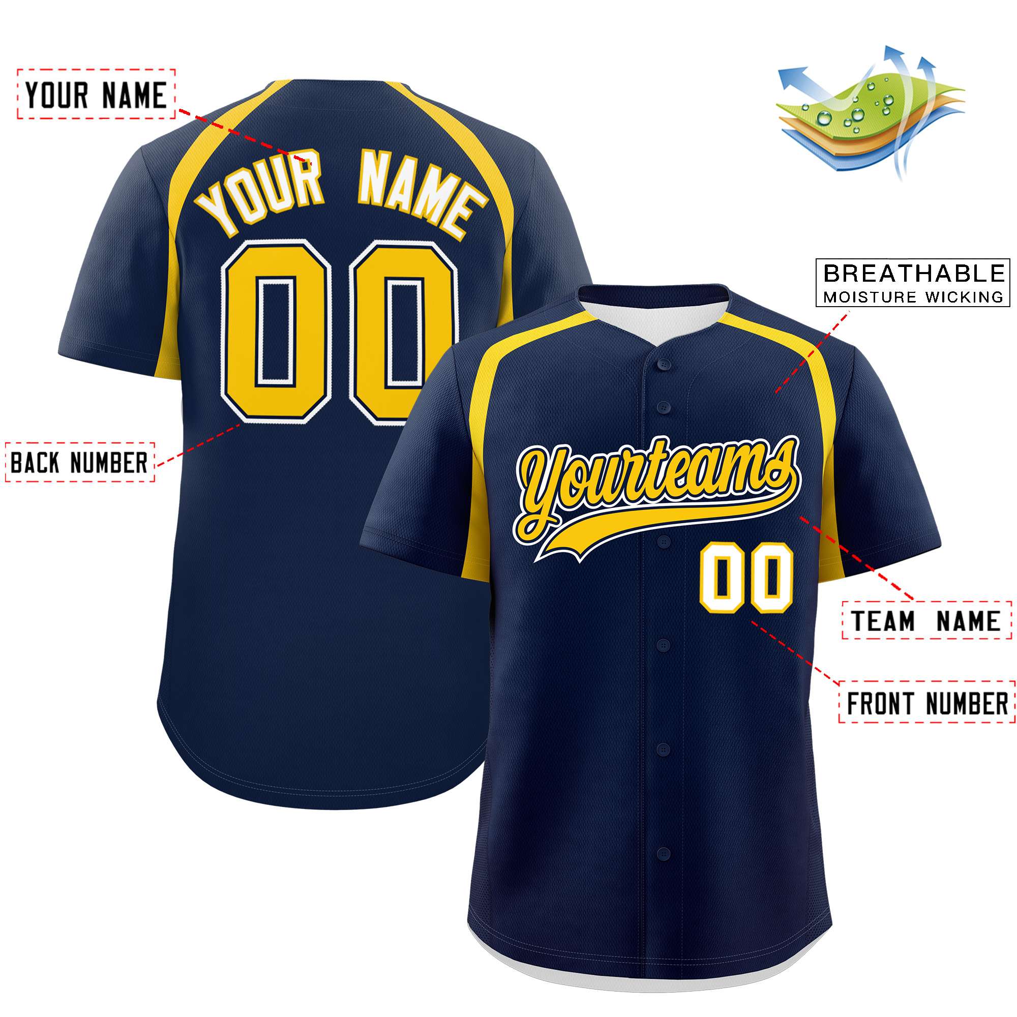 Custom Navy Gold Personalized Color Block Authentic Baseball Jersey