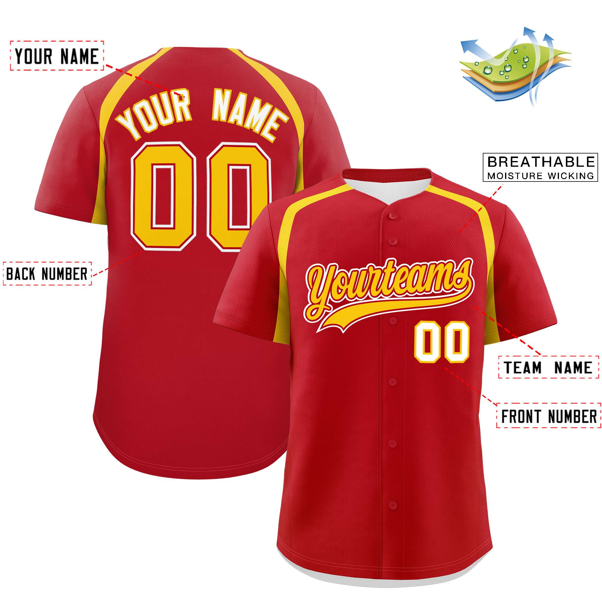 Custom Red Gold Personalized Color Block Authentic Baseball Jersey