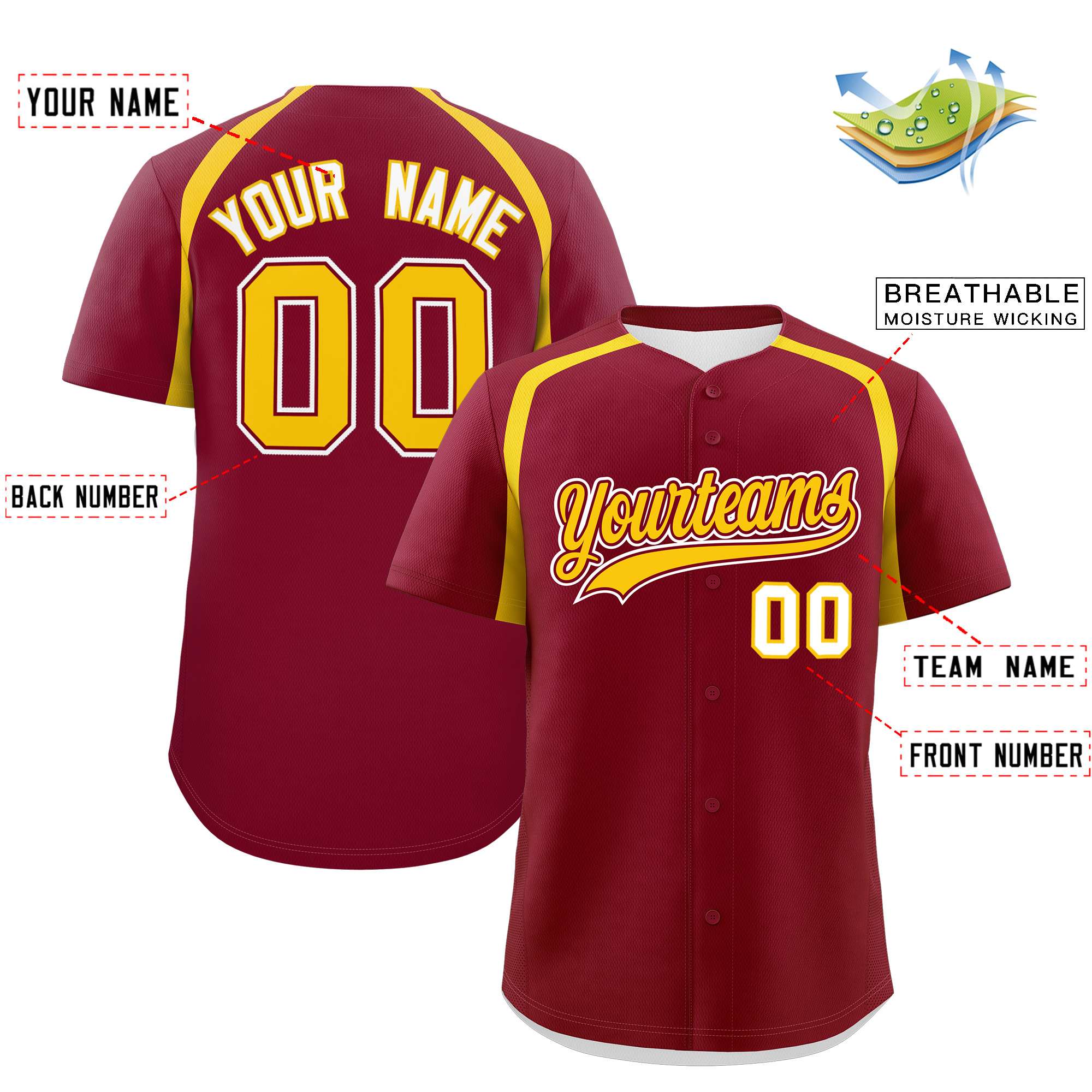 Custom Crimson Gold Personalized Color Block Authentic Baseball Jersey