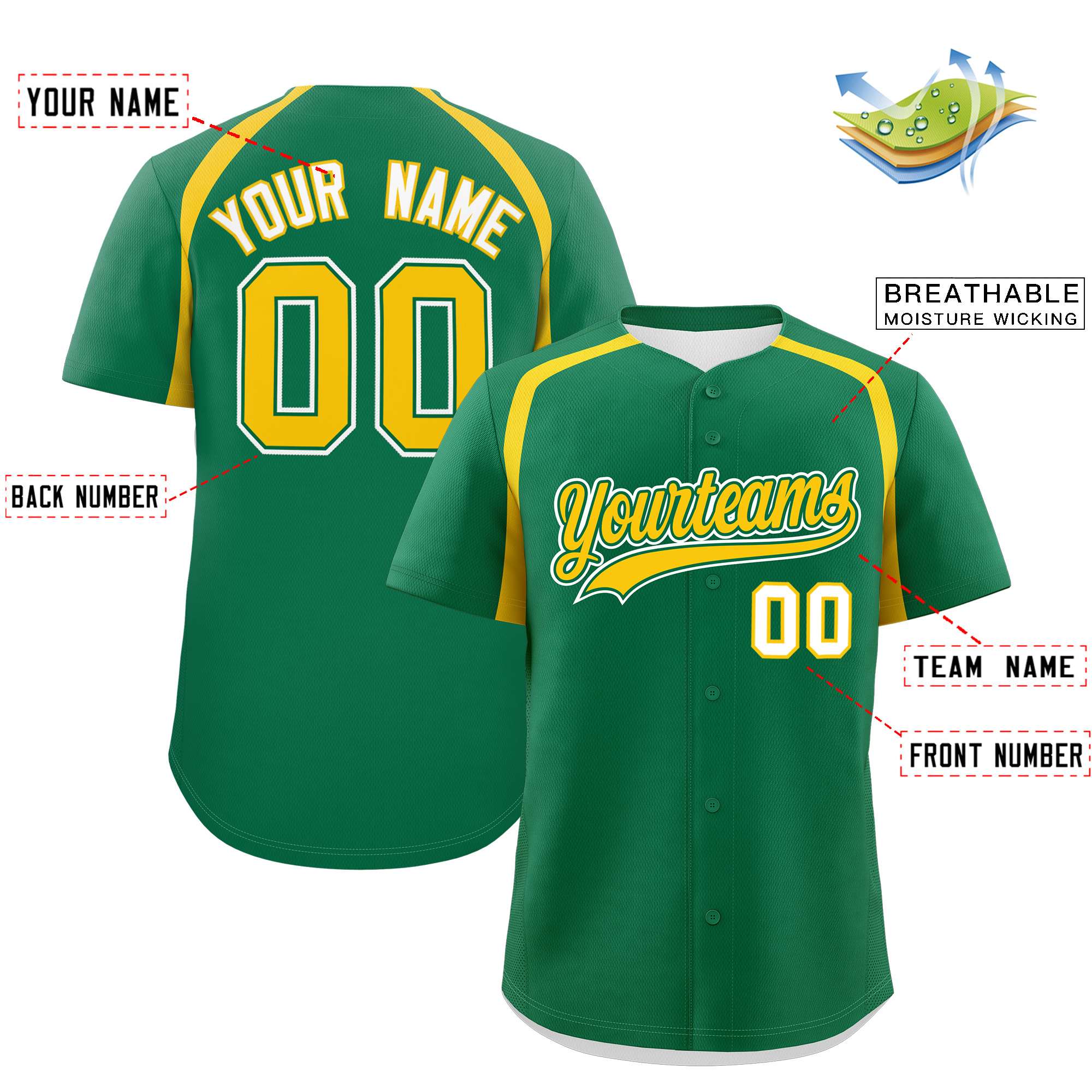 Custom Kelly Green Gold Personalized Color Block Authentic Baseball Jersey